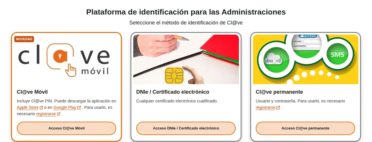 Screenshot des Cl@ve-Identifizierungsauswahl mit den drei Optionen: Cl@ve Móvil, DNIe / digitales Zertifikat und Cl@ve permanente.