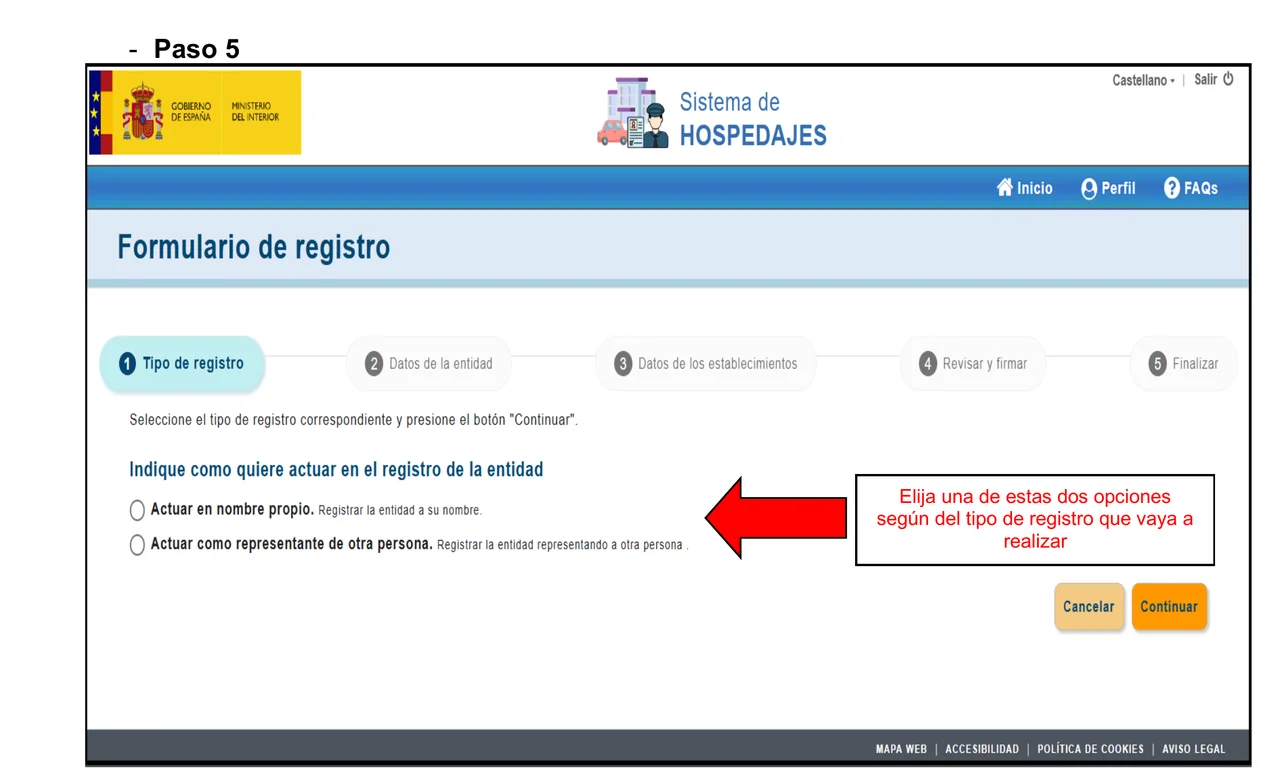 Screenshot des Anmeldeformulars für Entitäten bei SES Hospedajes: fünfstufiger Assistent (Tipo de registro, Datos de la entidad, Datos de los establecimientos, Revisar y firmar, Finalizar), mit der Wahl zwischen Handeln im eigenen Namen oder als Vertreter einer anderen Person.