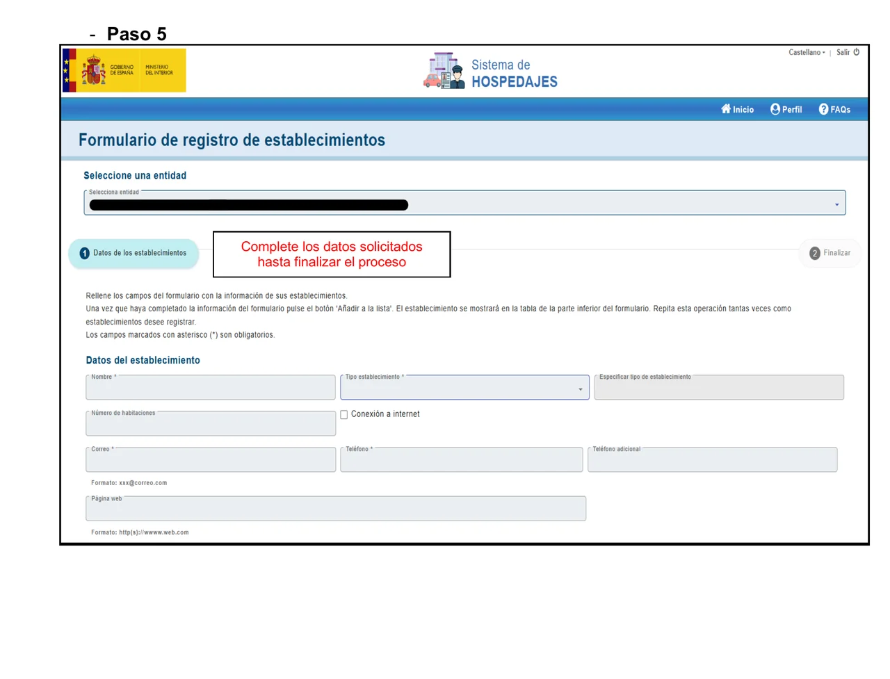 Screenshot des Formulars zur Anmeldung von Unterkünften bei SES Hospedajes, mit den Feldern Name, Unterkunftsart, Anzahl der Zimmer, Internetverbindung, E-Mail, Telefon und Website.