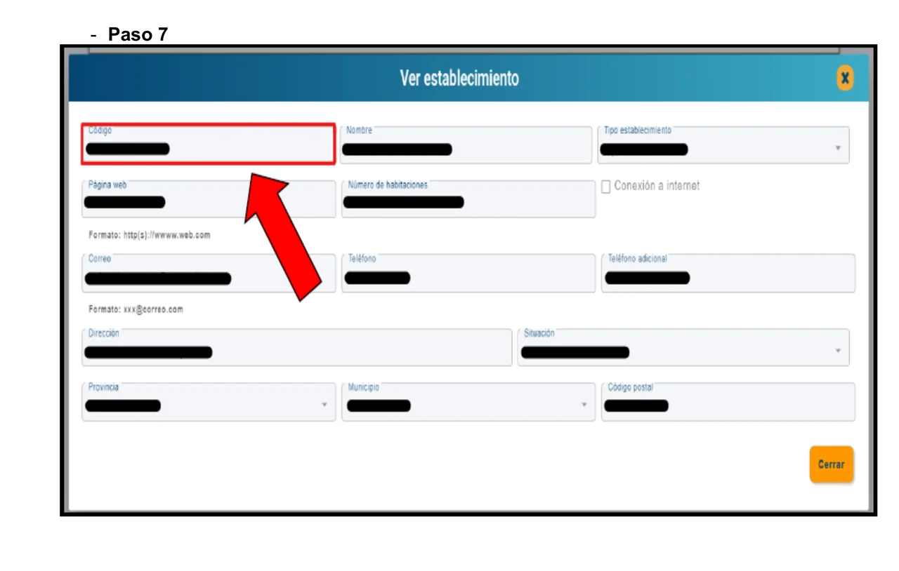 Screenshot des Fensters „Ver establecimiento“ bei SES Hospedajes mit hervorgehobenem Feld „Código“ der Unterkunft.