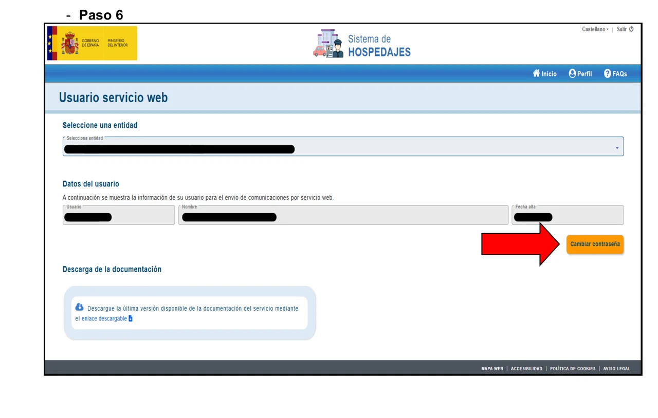 Screenshot des Bildschirms „Usuario servicio web“ bei SES Hospedajes, mit den Feldern Benutzername, Name und Anmeldedatum, sowie der Schaltfläche „Cambiar contraseña“.