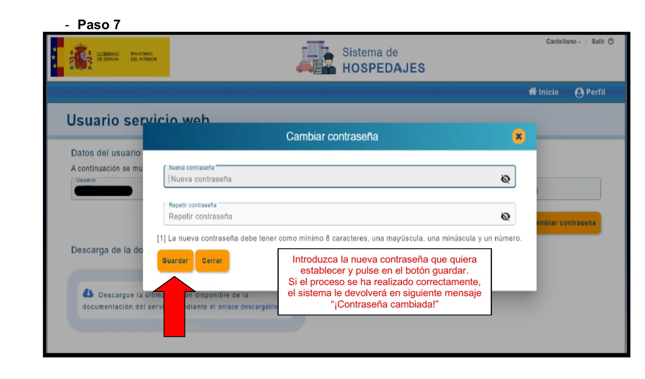Screenshot des Dialogs „Cambiar contraseña“ bei SES Hospedajes, mit den Feldern für das neue Passwort und dem Hinweis, dass es mindestens 8 Zeichen, einen Großbuchstaben, einen Kleinbuchstaben und eine Ziffer enthalten muss.