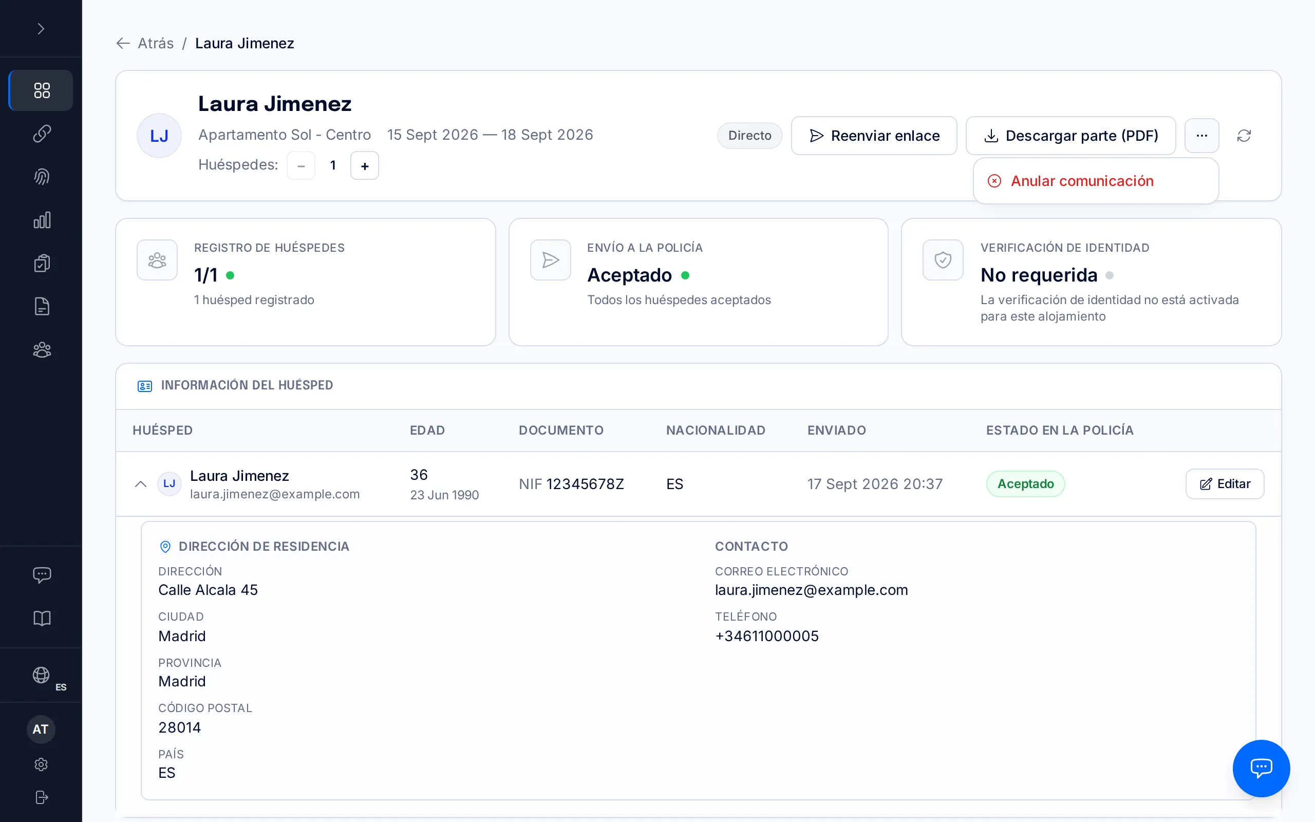 Menú «Más acciones» de la ficha de check-in con la opción Anular comunicación