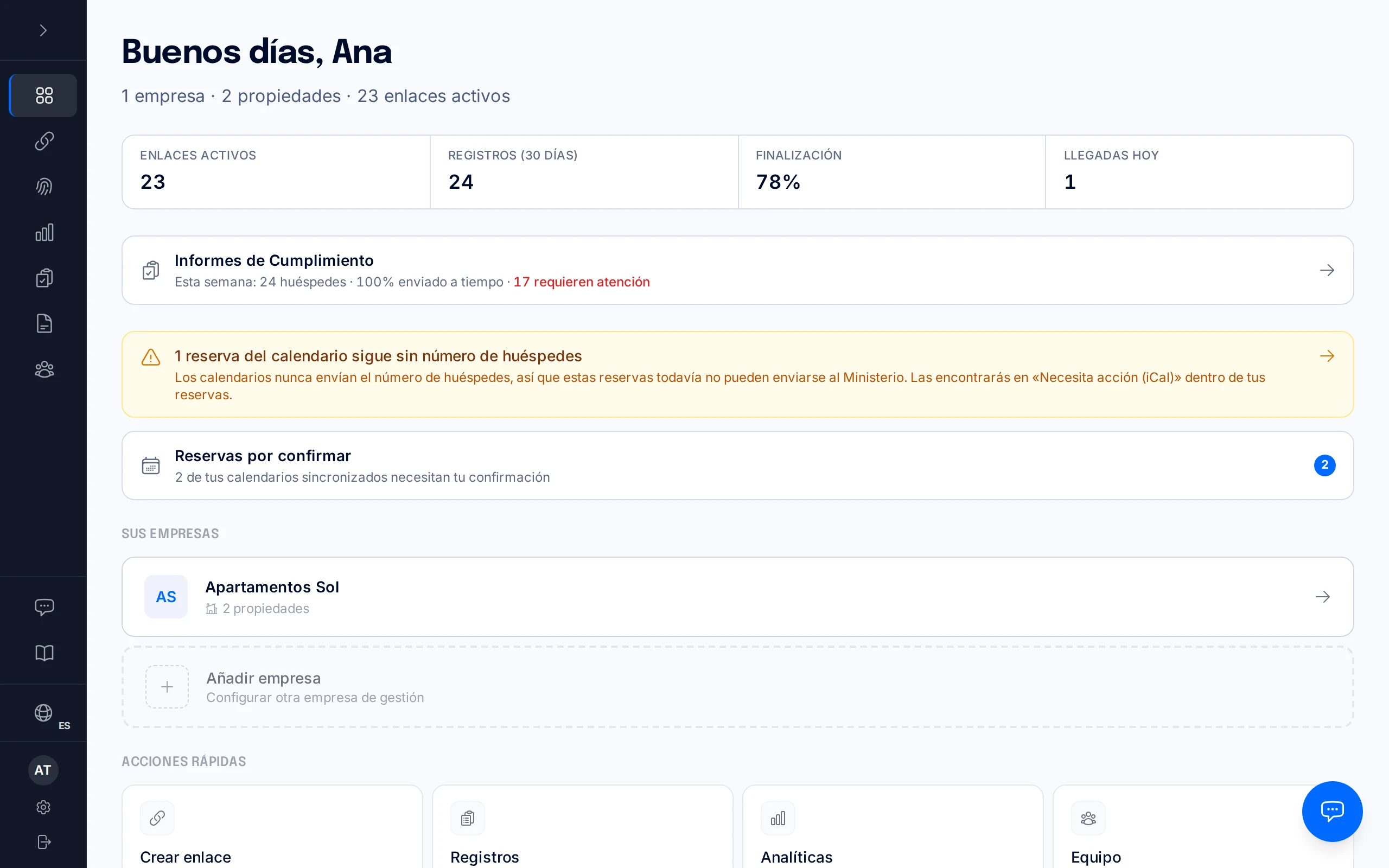 Dashboard con l'elenco delle aziende (interfaccia mostrata in spagnolo)