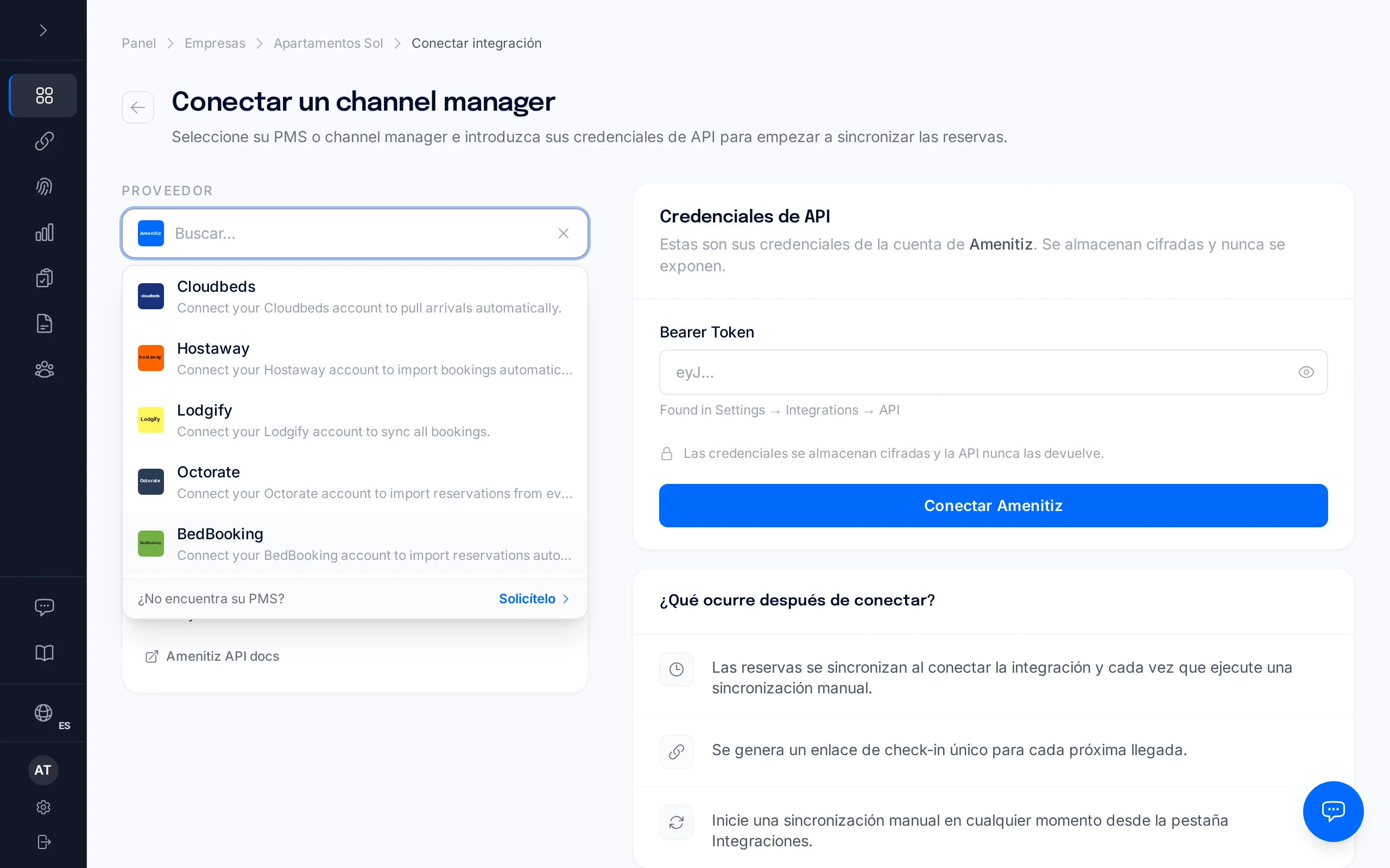 Elenco dei provider con BedBooking (interfaccia mostrata in spagnolo)