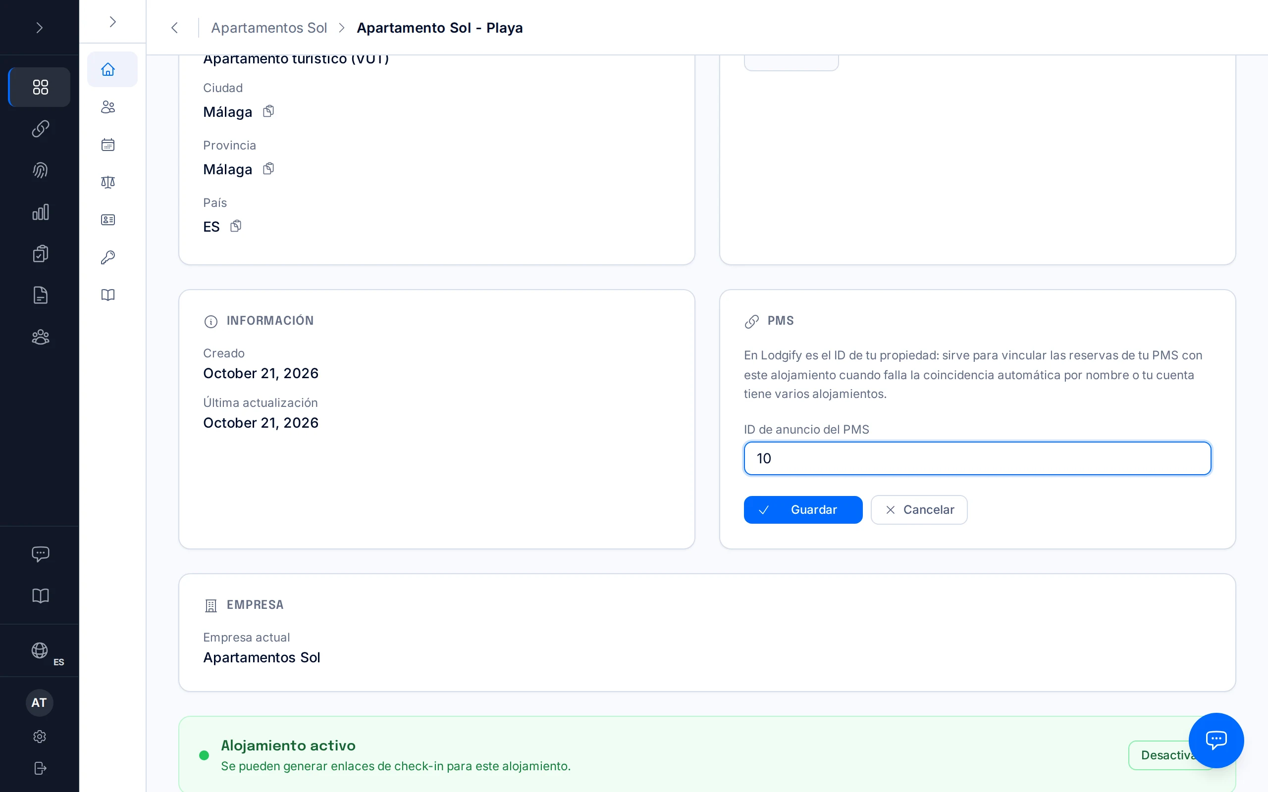 Scheda PMS con l'ID annuncio PMS (interfaccia mostrata in spagnolo)