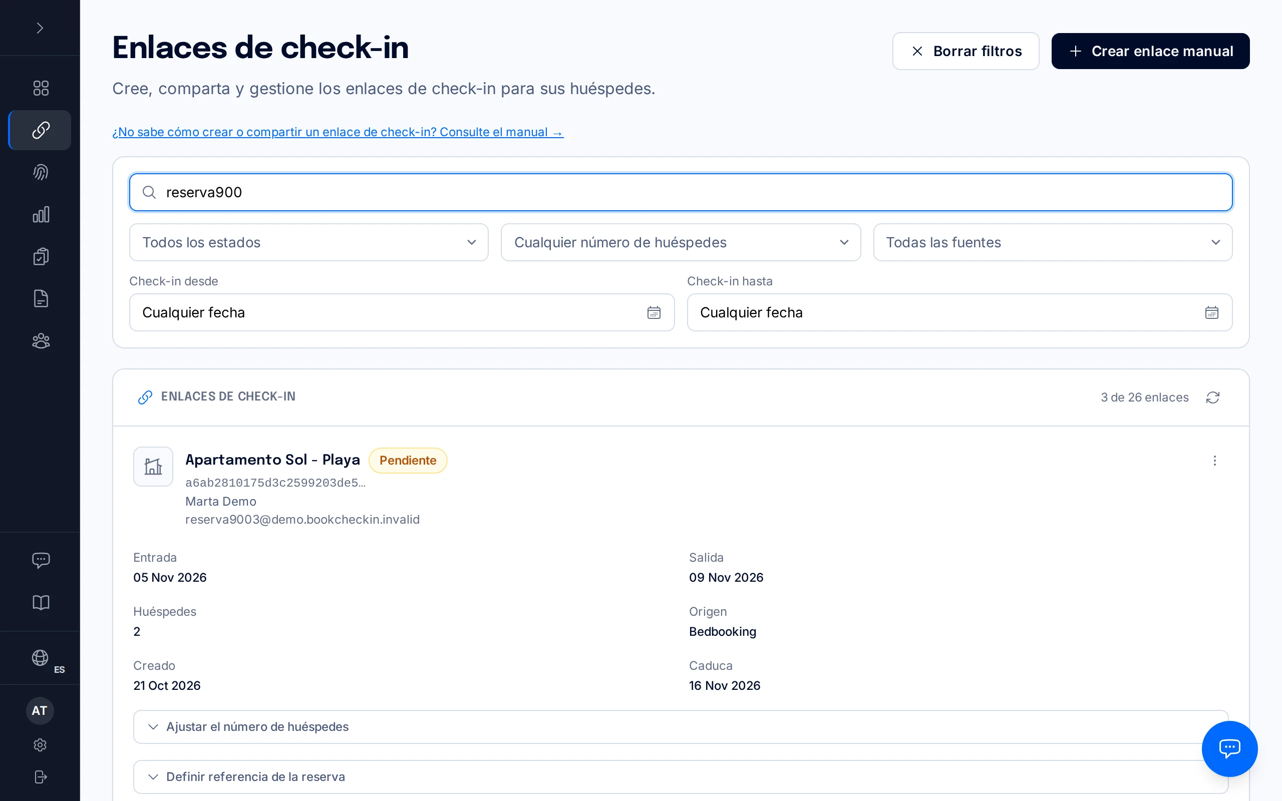 Link di check-in creati da BedBooking (interfaccia mostrata in spagnolo)