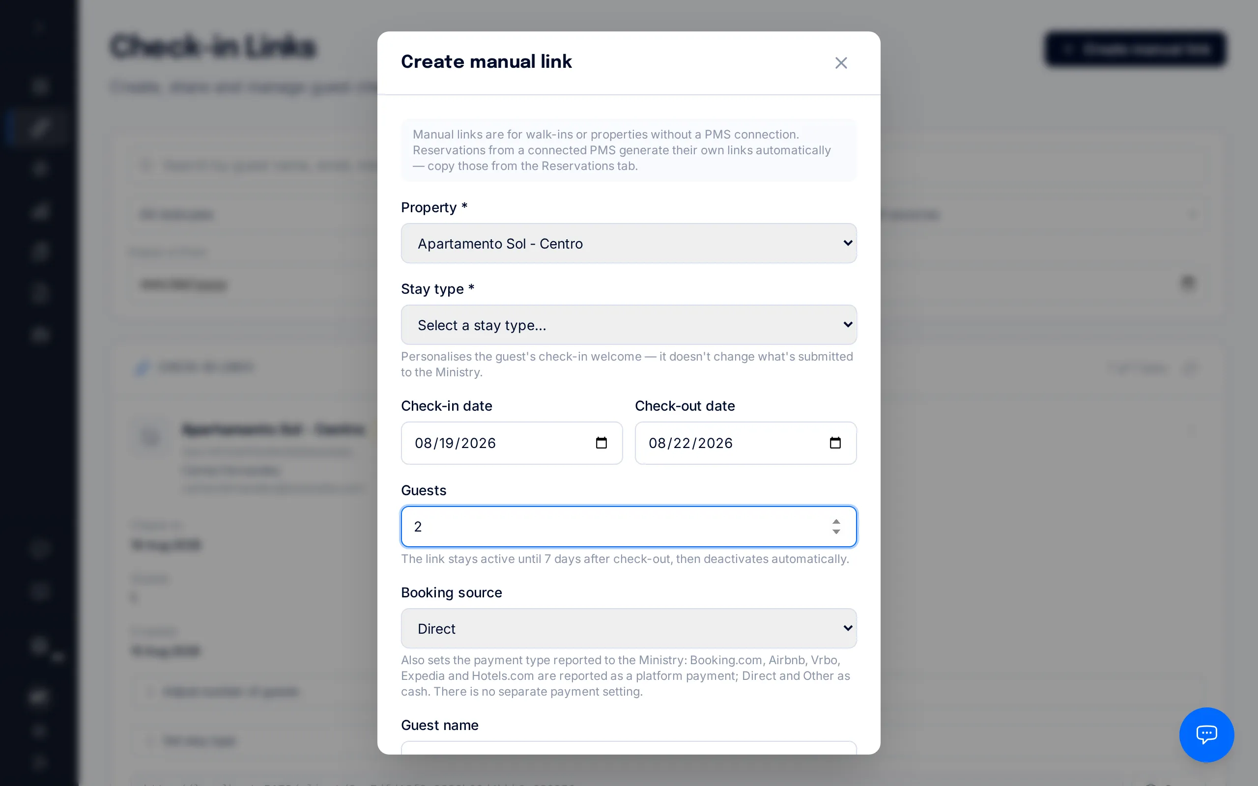 Manual link form with the property, check-in/check-out date and guest count fields