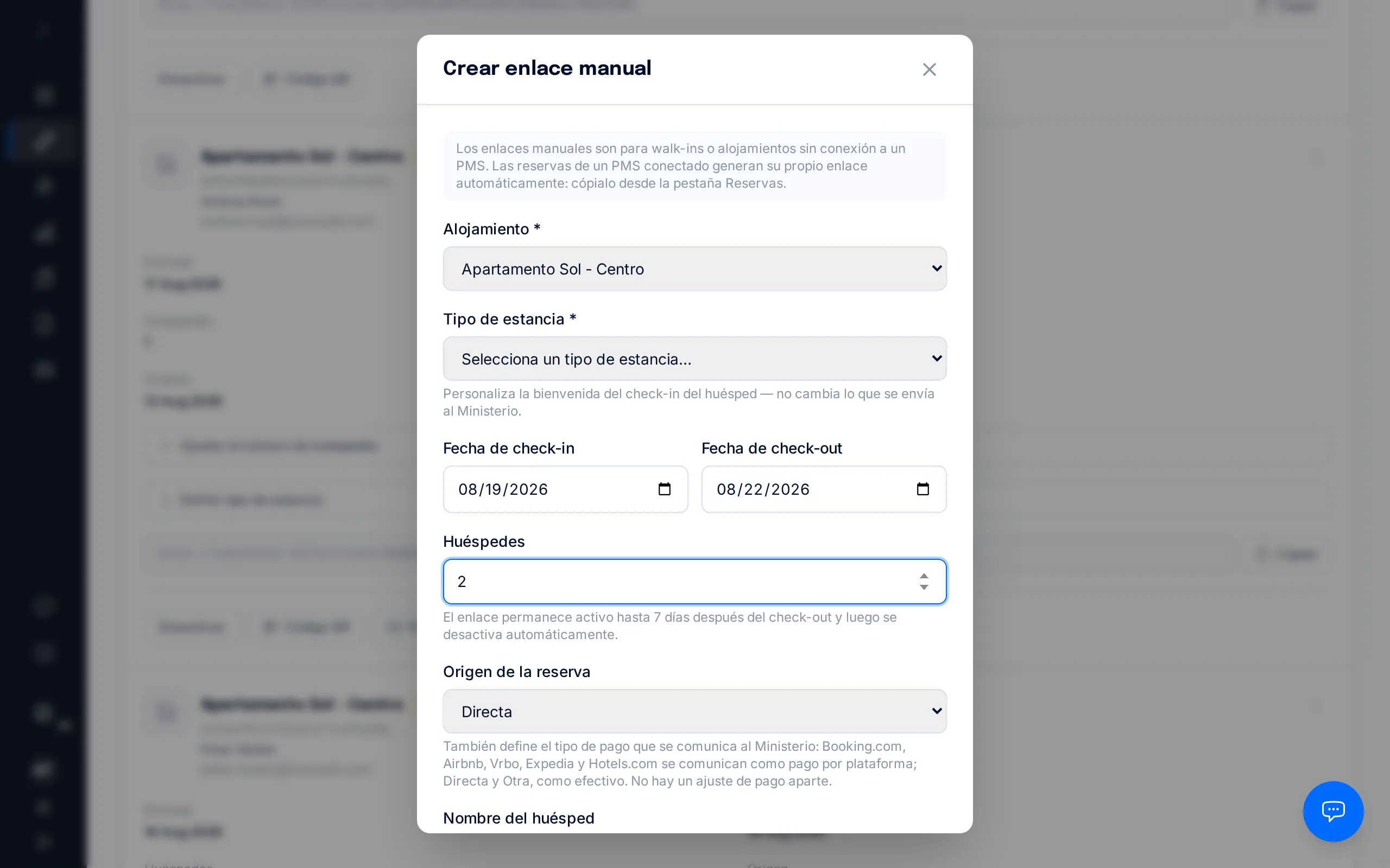 Formulario del enlace manual con los campos de propiedad, fechas de check-in/check-out y número de huéspedes