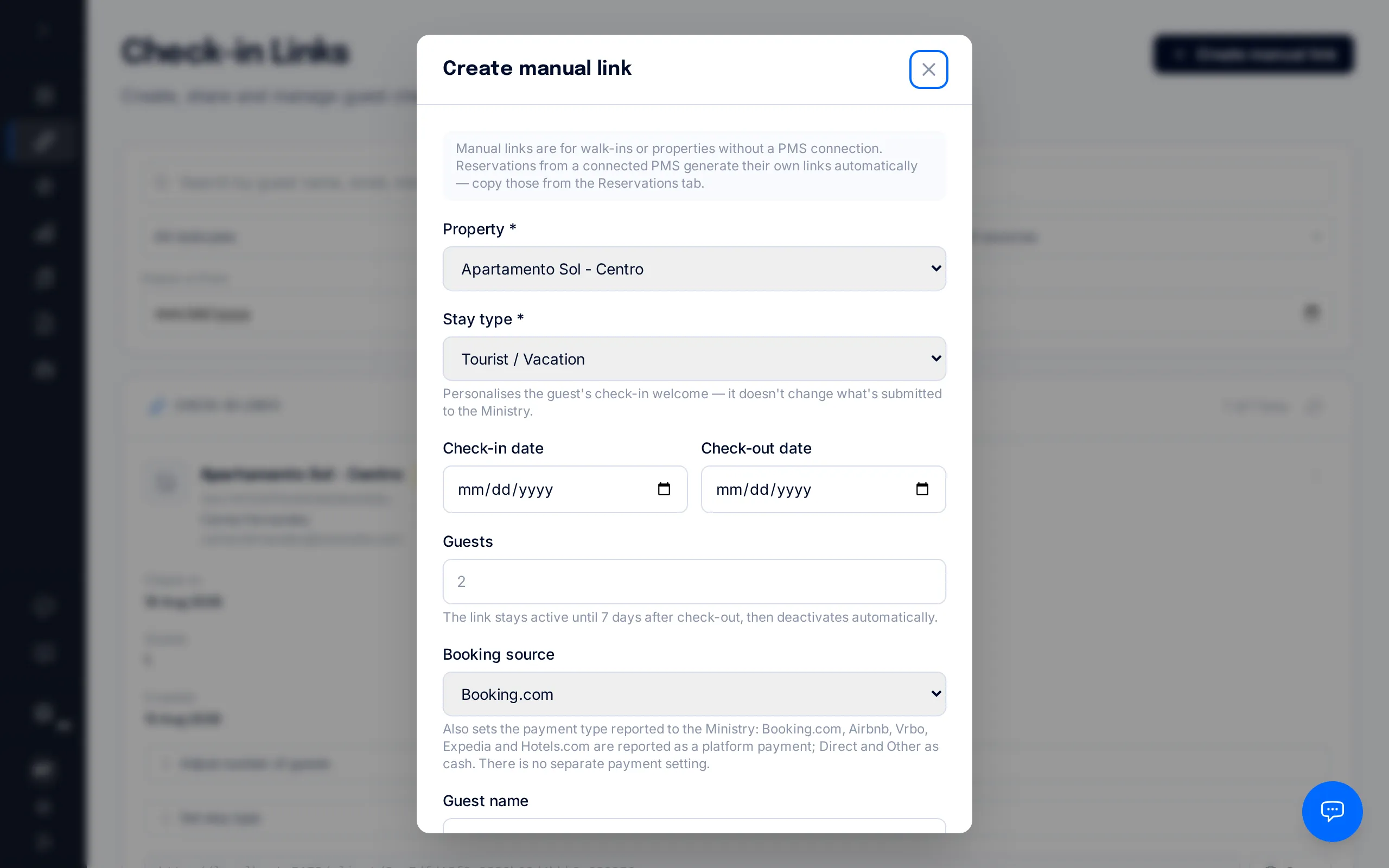 Booking source and stay type selectors in the link form