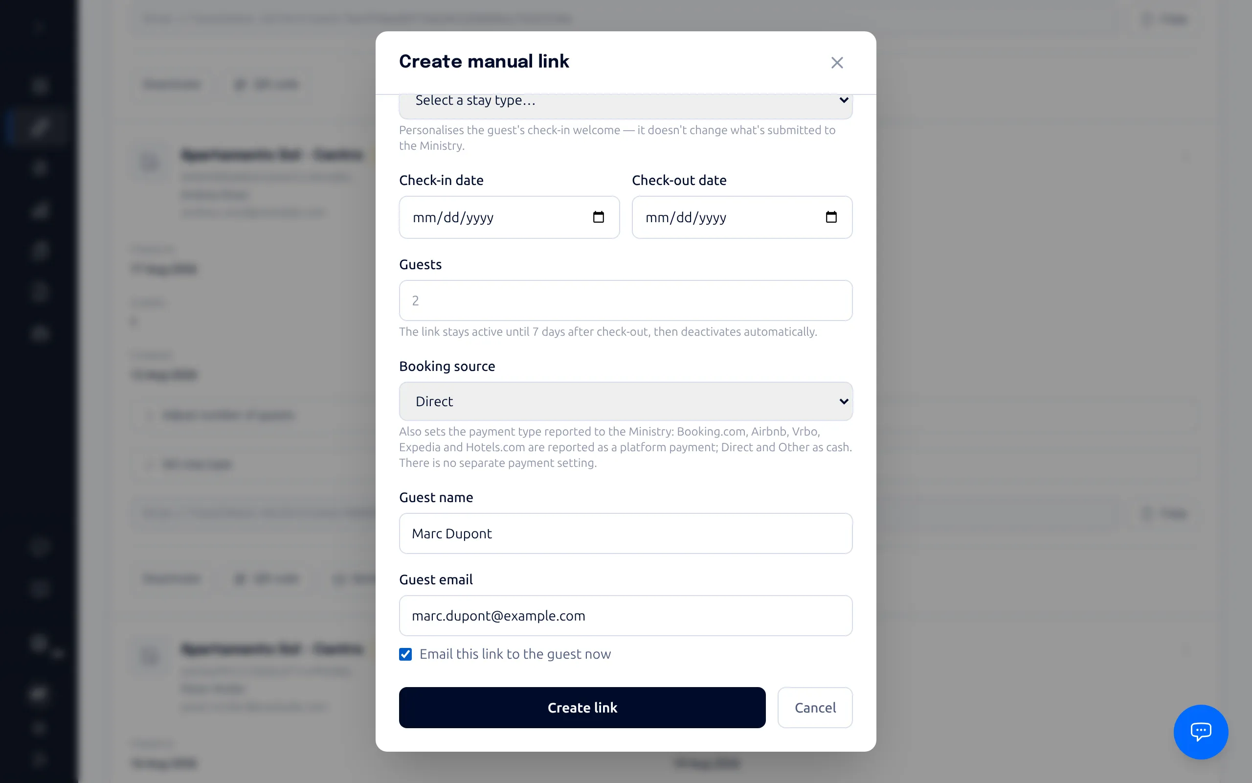 Guest name and email fields, the email-now checkbox, and the Create link button