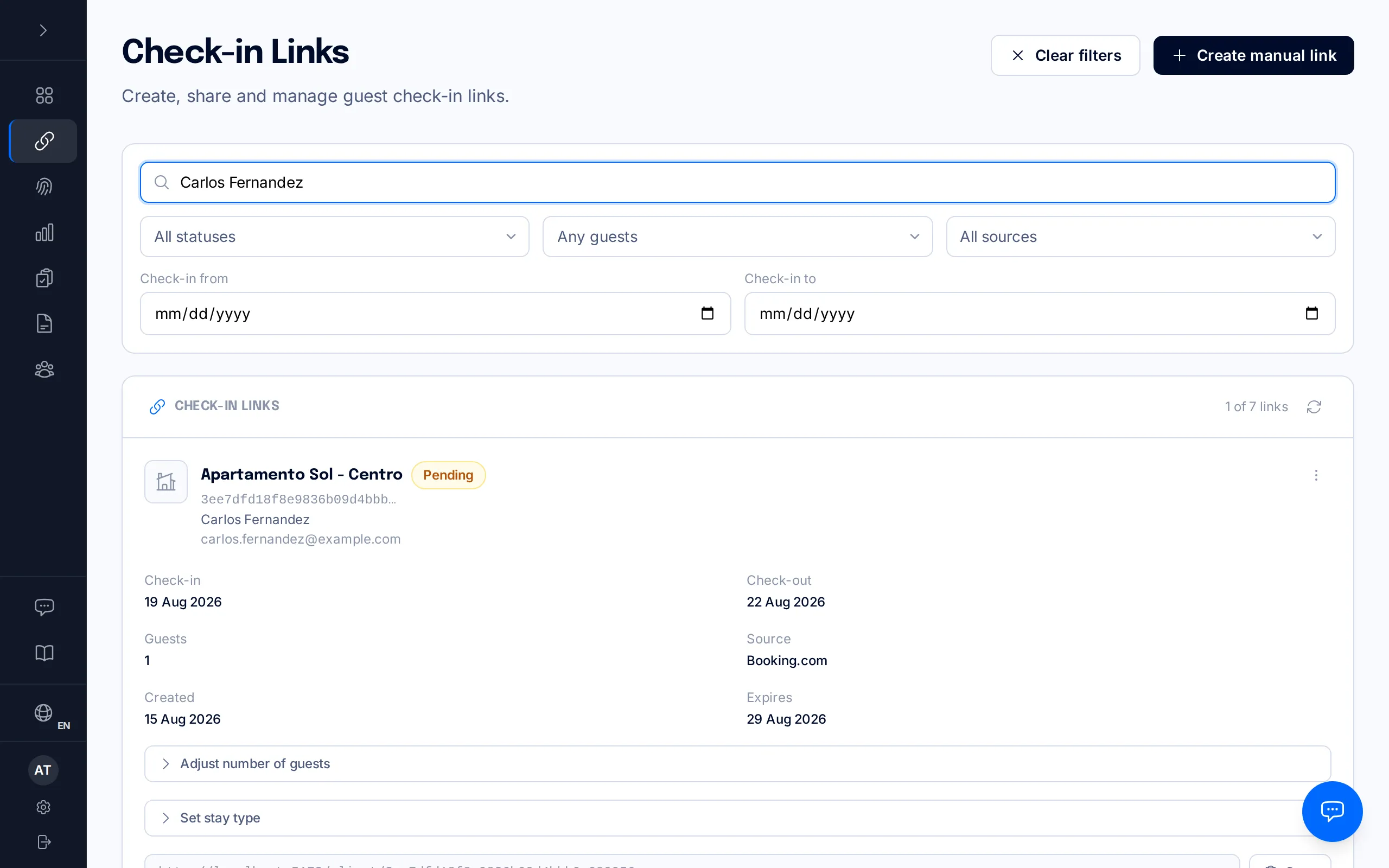 Check-in link card with the status, Copy button and Send email button highlighted