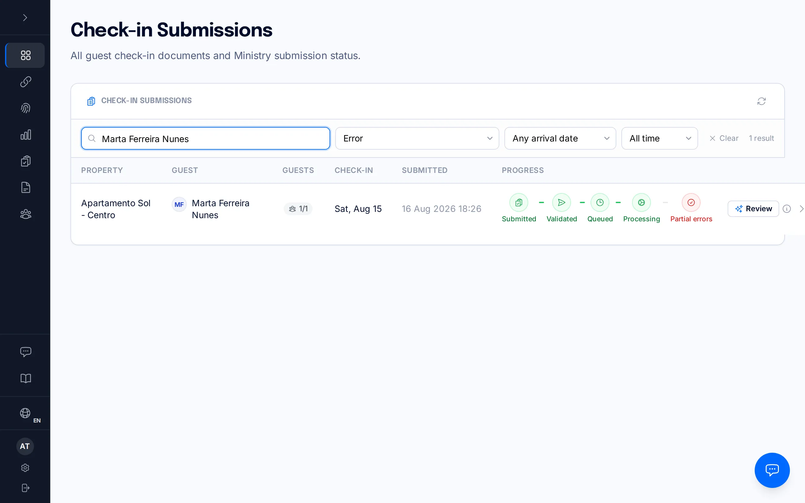 Submissions page with the status filter set to "Error" and a reservation showing its filing pipeline in red.