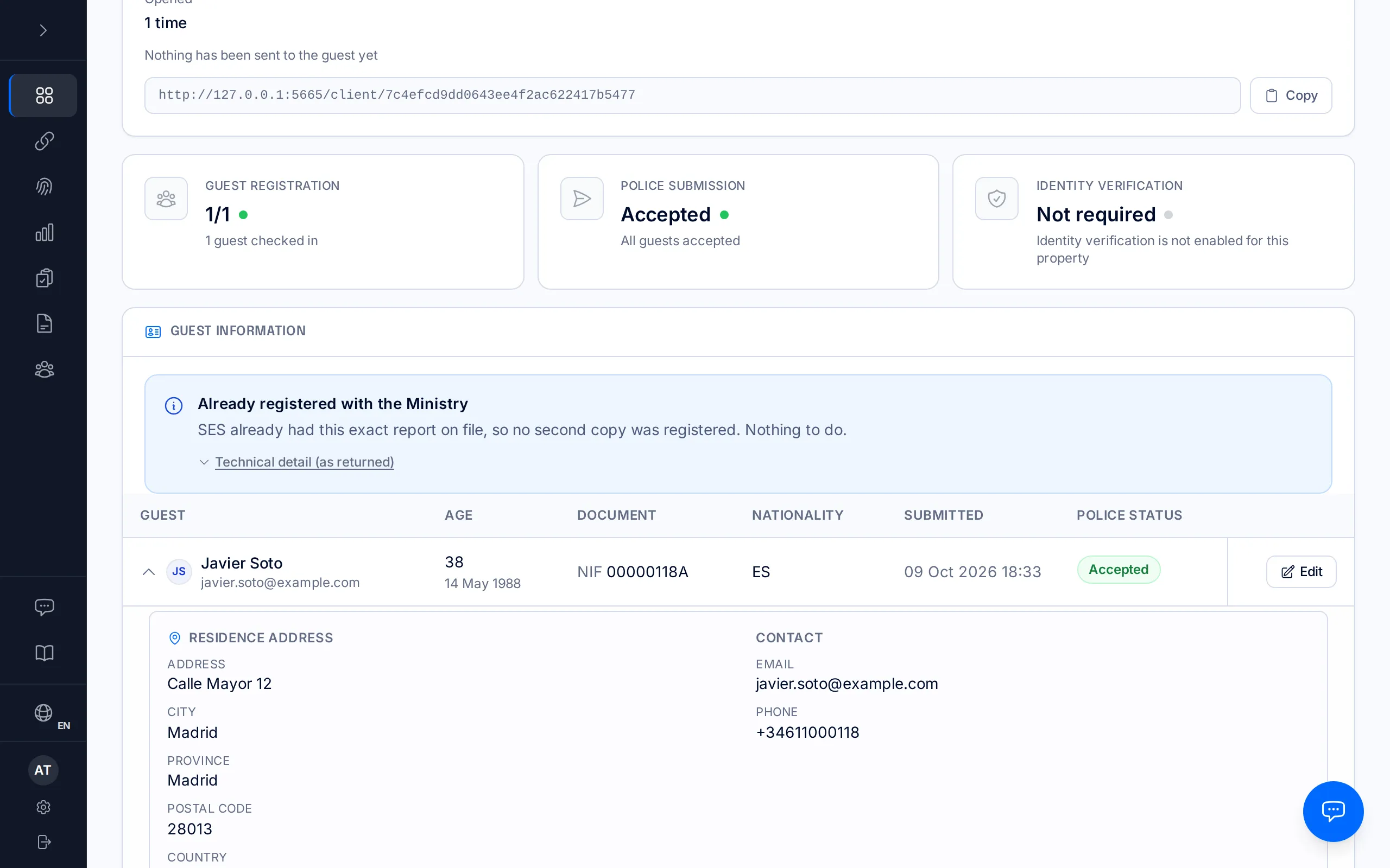 A booking's page with the blue notice "Already registered with the Ministry".
