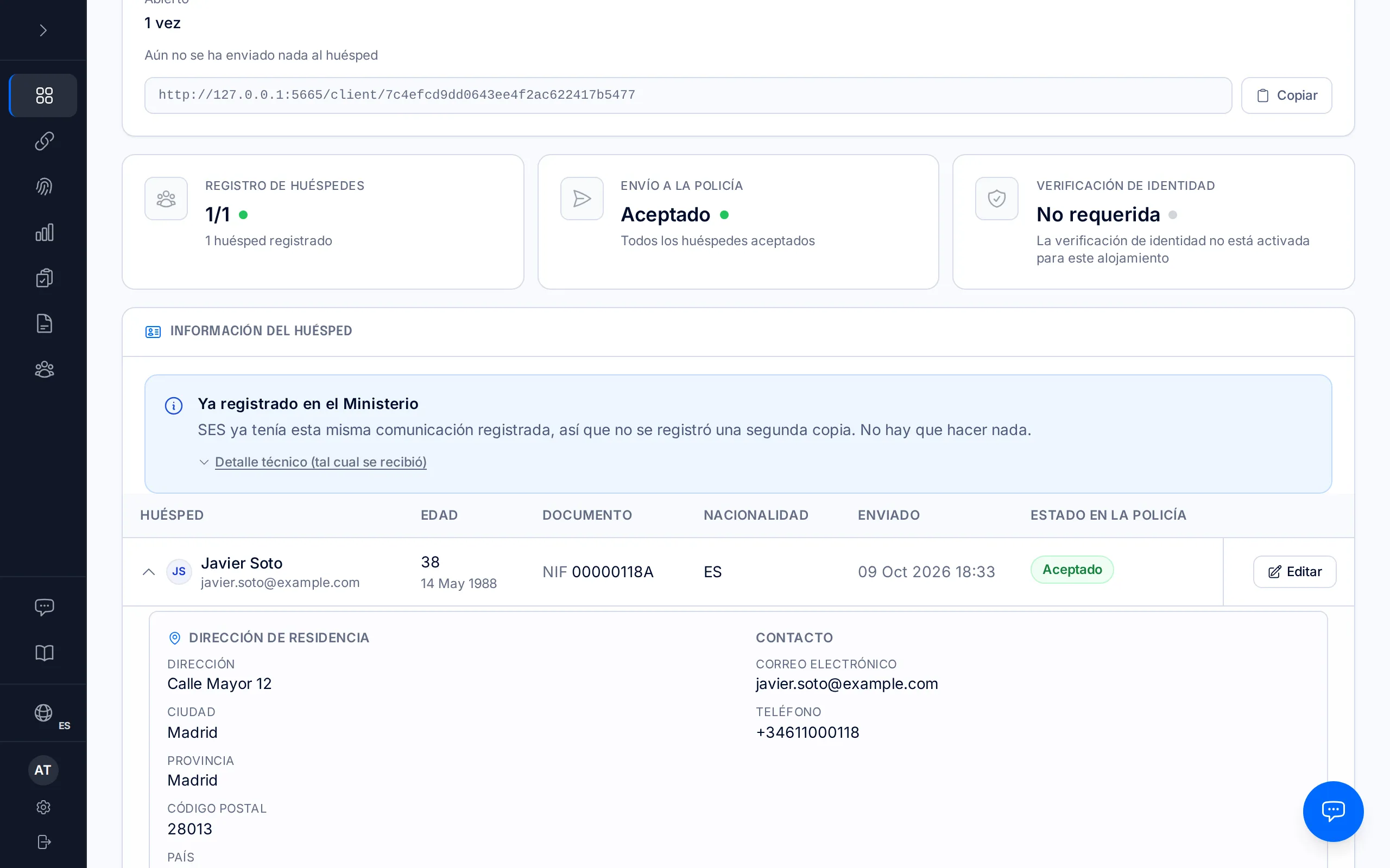 Ficha de una reserva con el aviso azul «Ya registrado en el Ministerio».