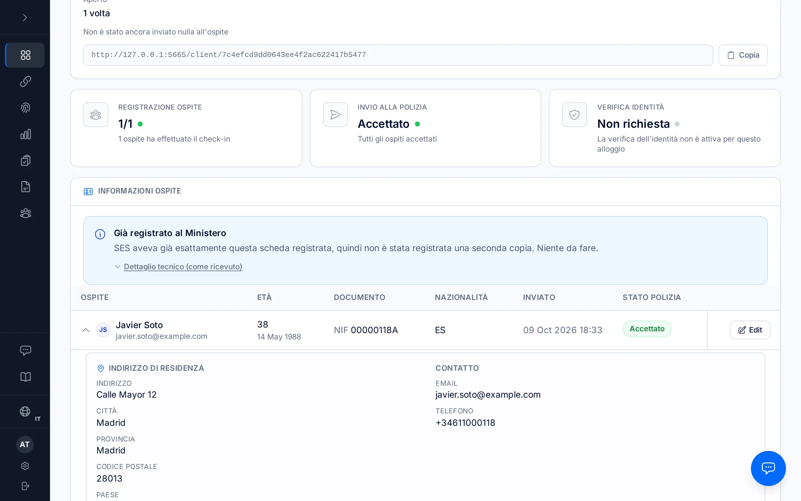 Pagina di una prenotazione con l'avviso blu «Già registrato al Ministero».