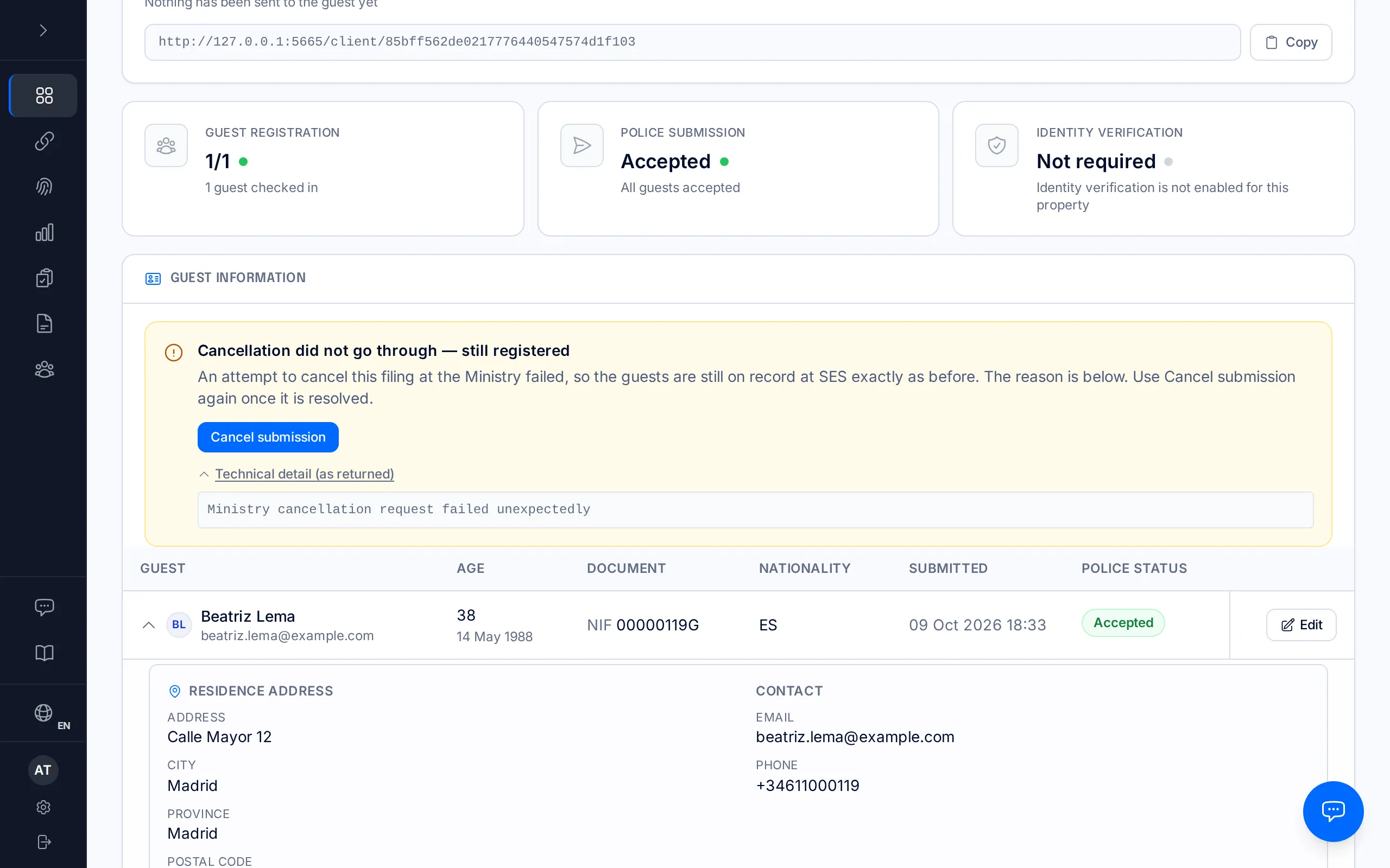 A booking's page with the notice "Cancellation did not go through — still registered" and the Cancel submission button.