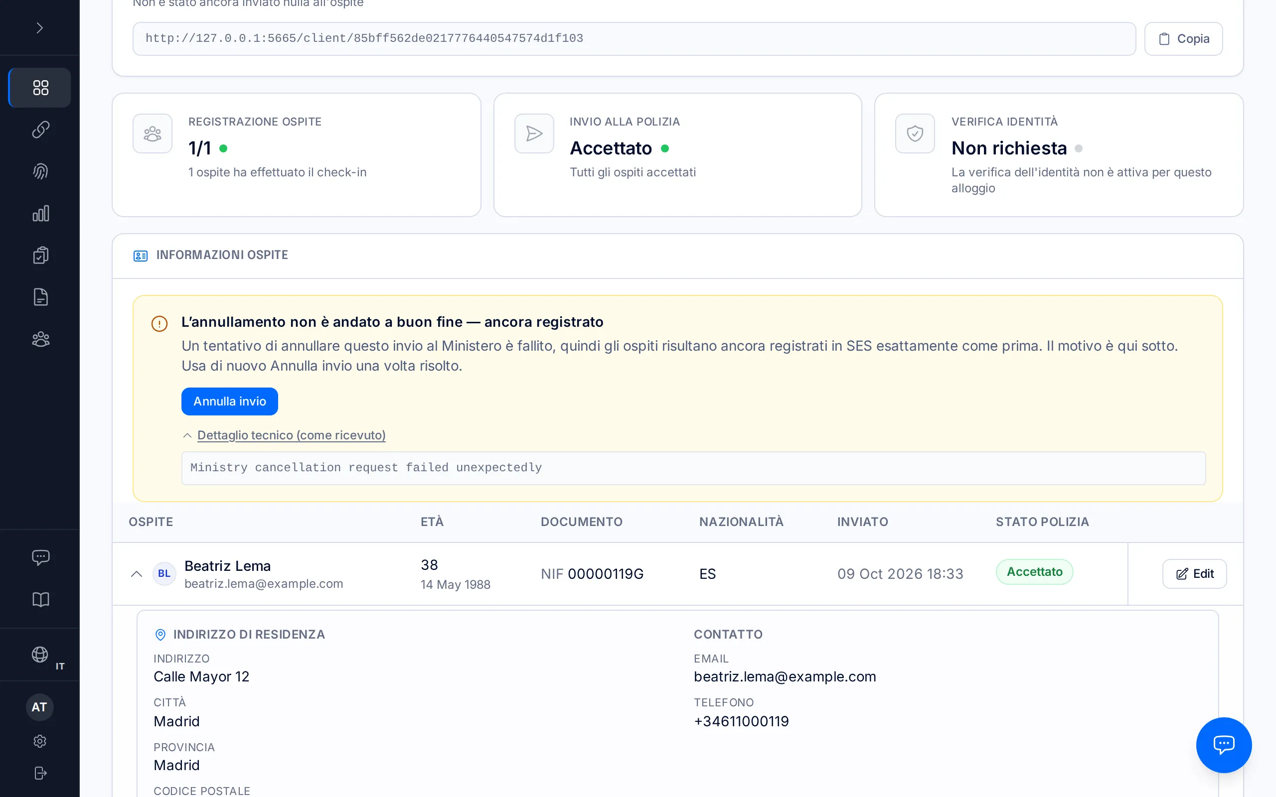 Pagina di una prenotazione con l'avviso «L'annullamento non è andato a buon fine — ancora registrato» e il pulsante Annulla invio.