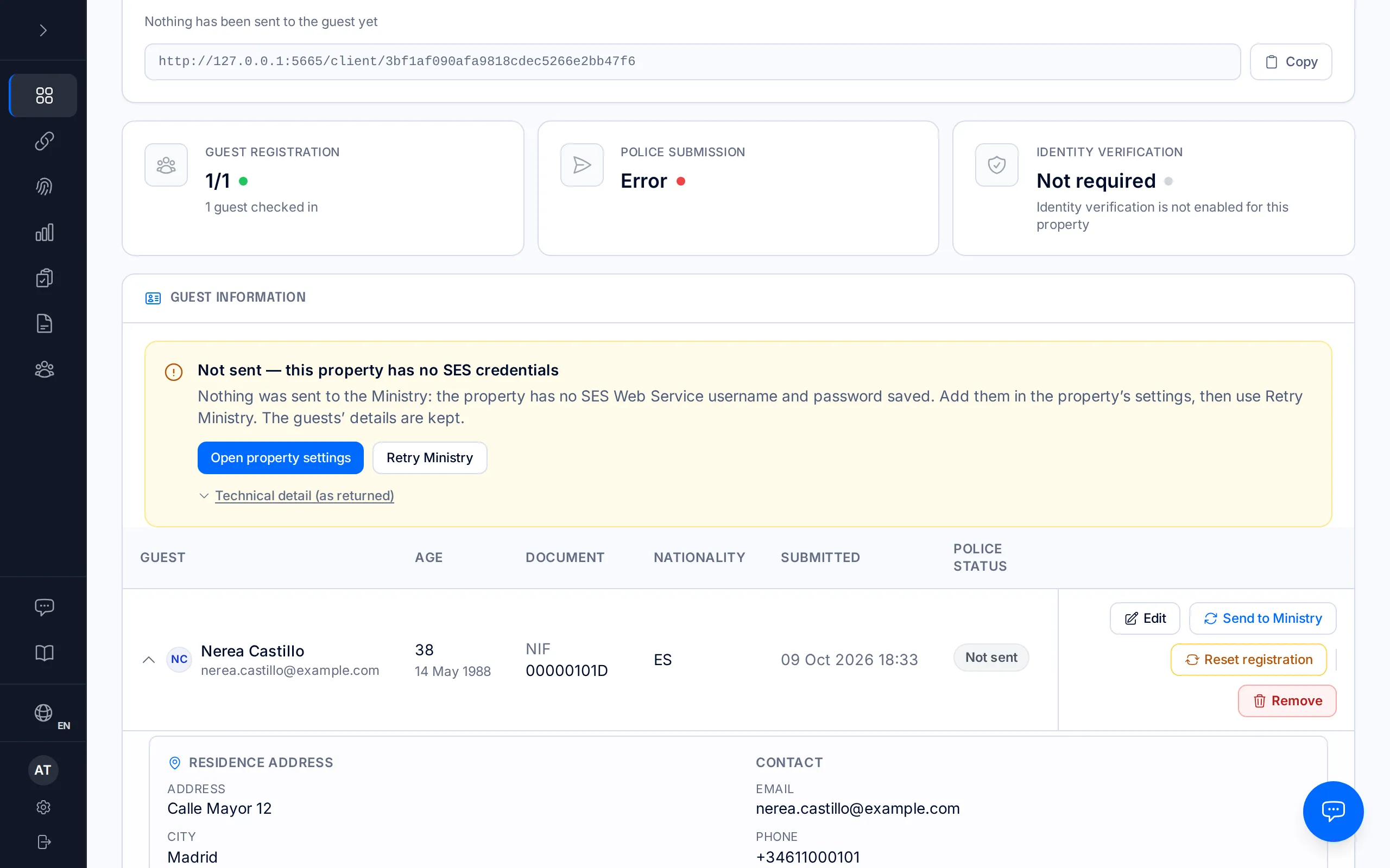 A booking's page with the notice "Not sent — this property has no SES credentials" and the Open property settings and Retry Ministry buttons.