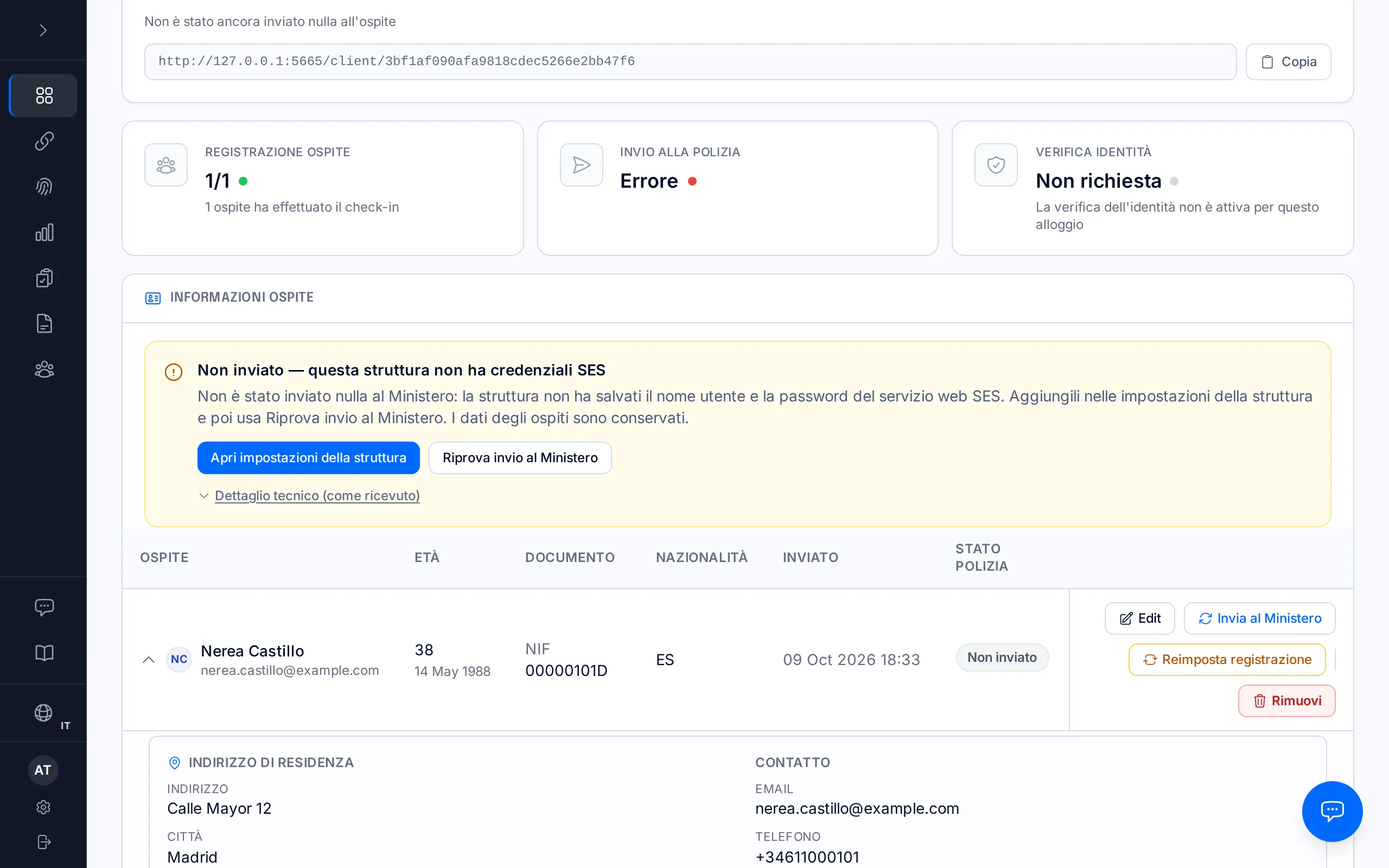 Pagina di una prenotazione con l'avviso «Non inviato — questa struttura non ha credenziali SES» e i pulsanti Apri impostazioni della struttura e Riprova invio al Ministero.