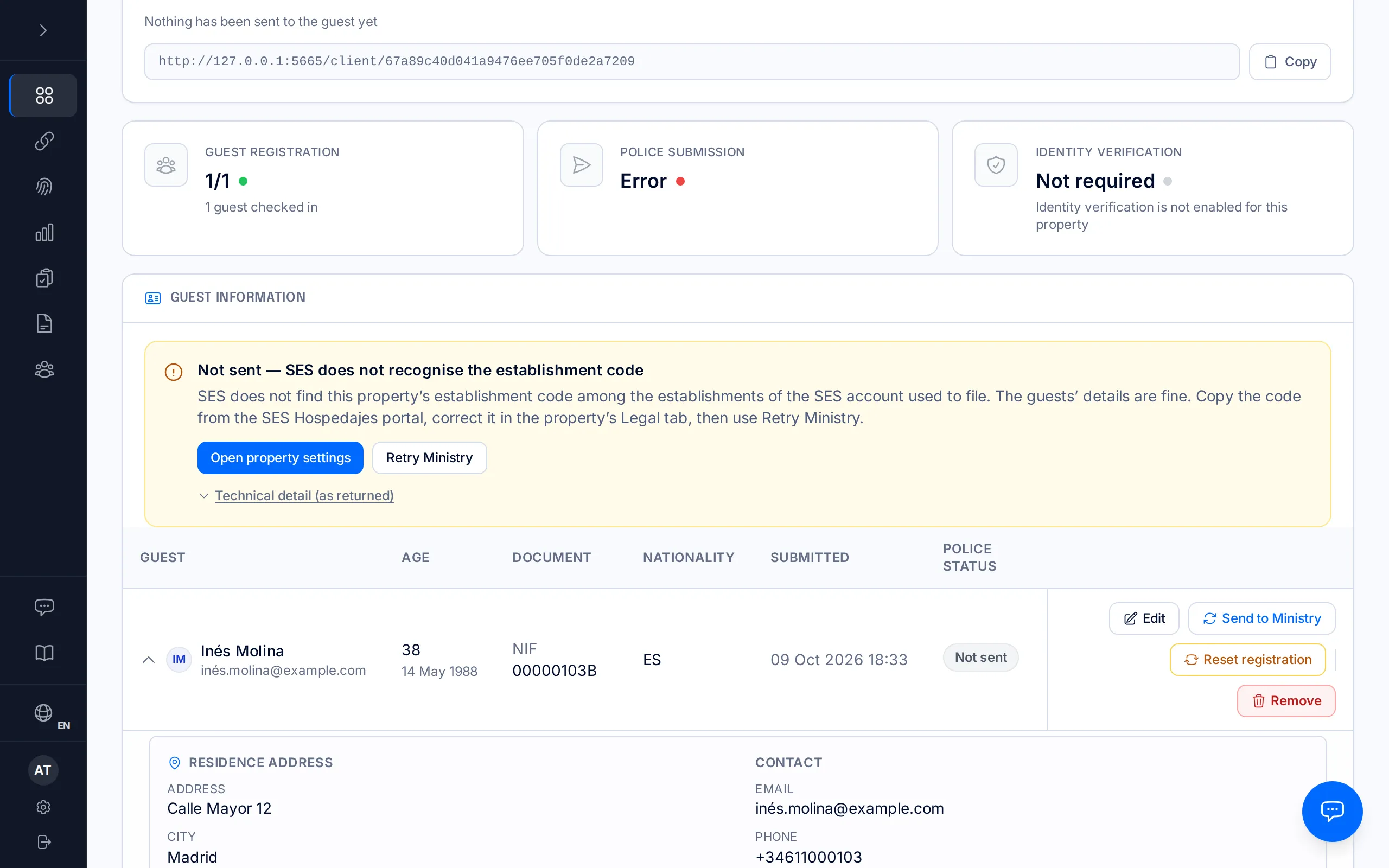 A booking's page with the notice "Not sent — SES does not recognise the establishment code".