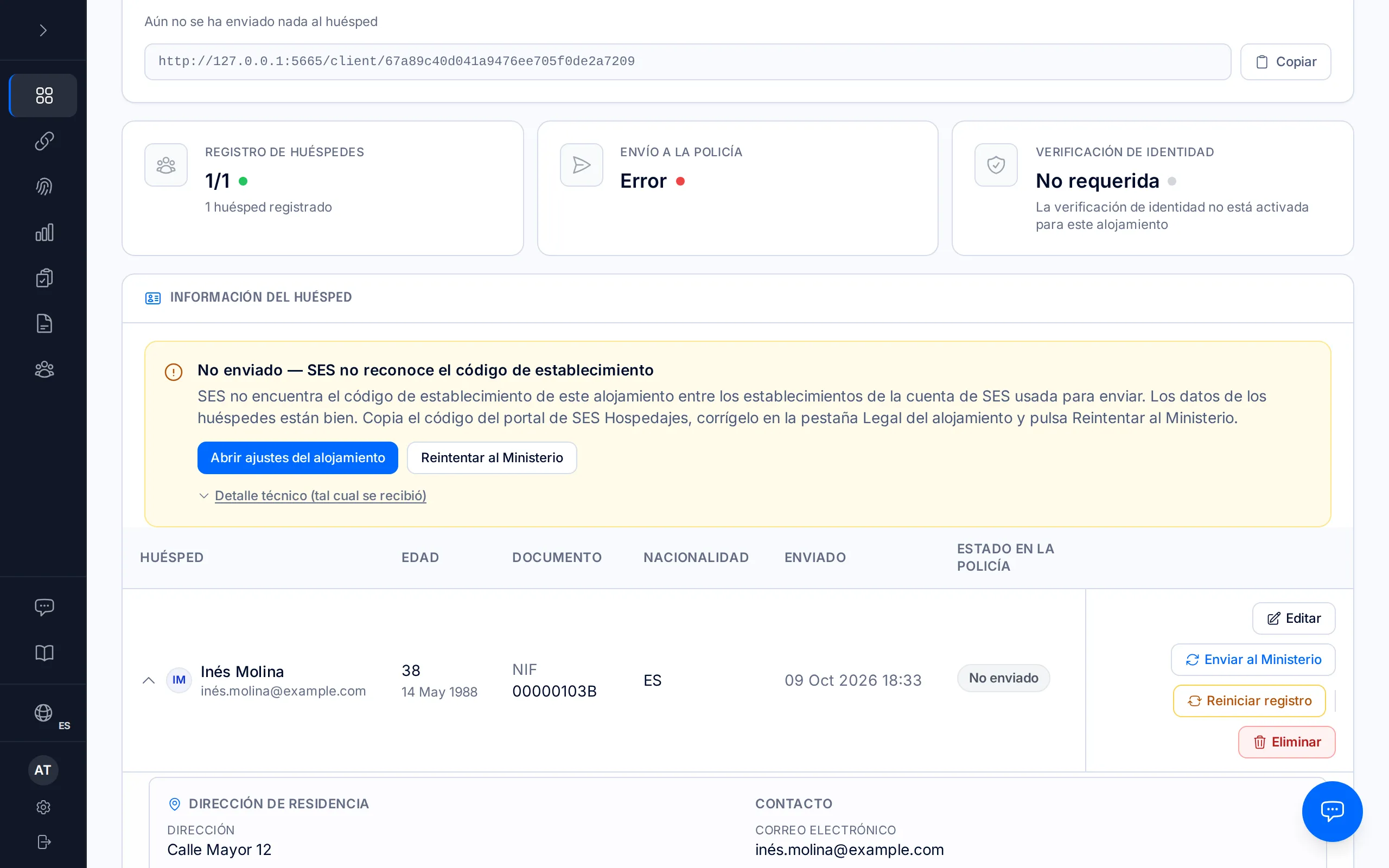Ficha de una reserva con el aviso «No enviado — SES no reconoce el código de establecimiento».