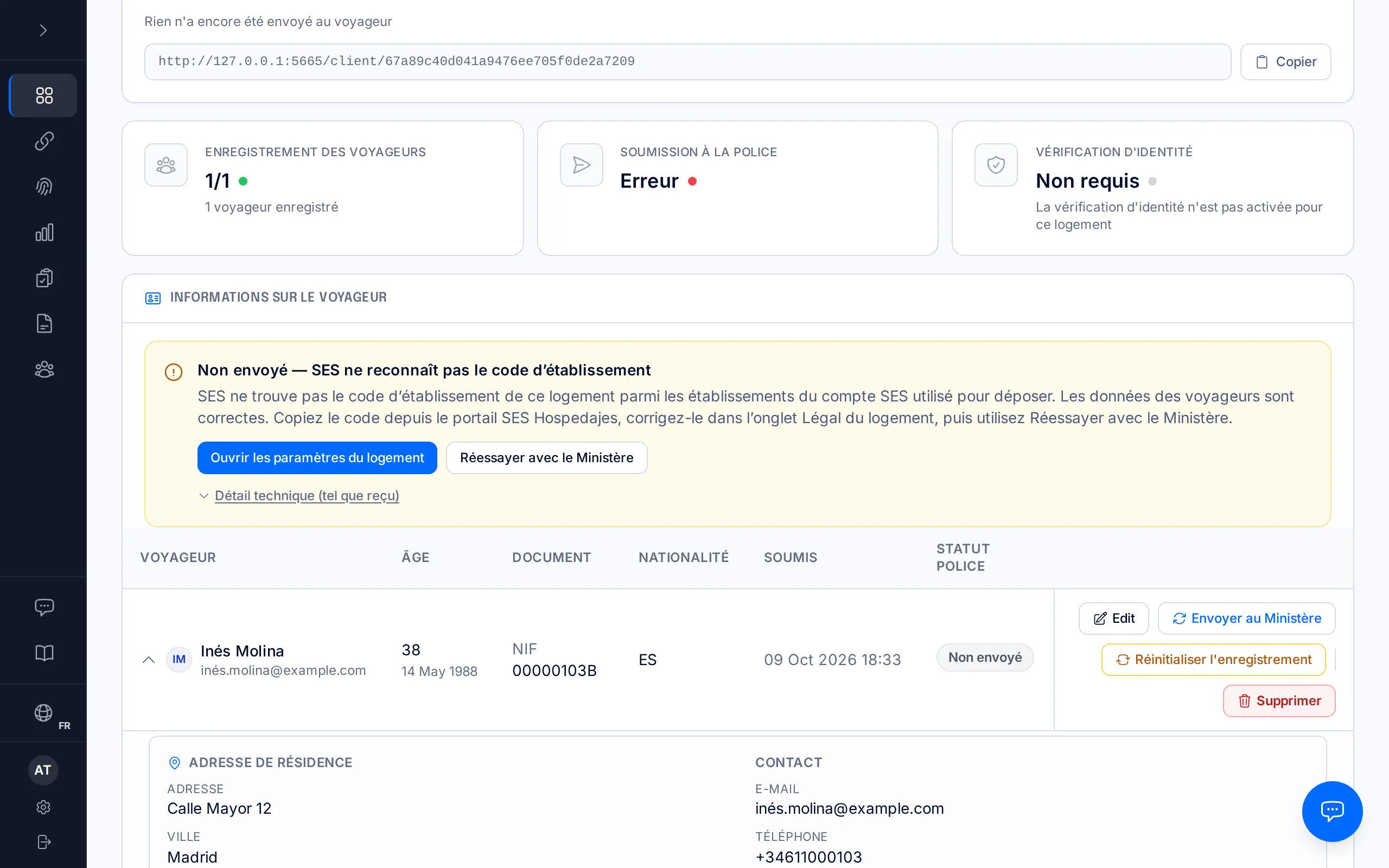 Page d'une réservation avec l'avis « Non envoyé — SES ne reconnaît pas le code d'établissement ».