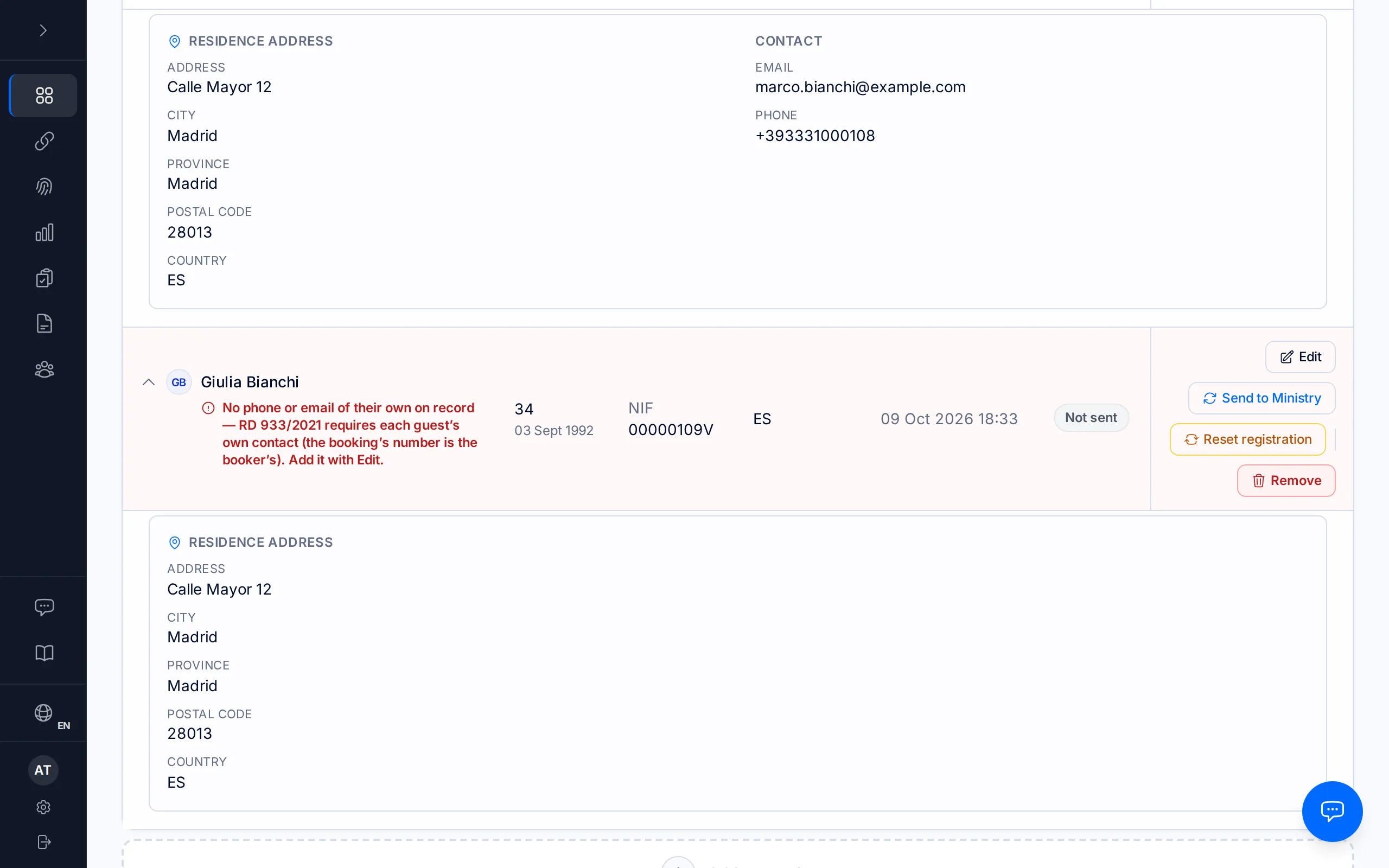 A booking's page with a red line under one guest: no phone or email of their own on record.
