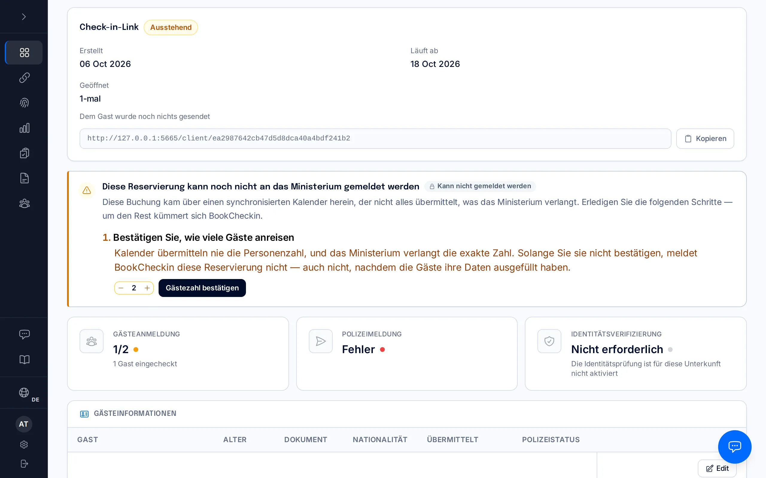 Seite einer Kalender-Reservierung mit dem Hinweis „Diese Reservierung kann noch nicht an das Ministerium gemeldet werden“ und der Schaltfläche „Gästezahl bestätigen“.