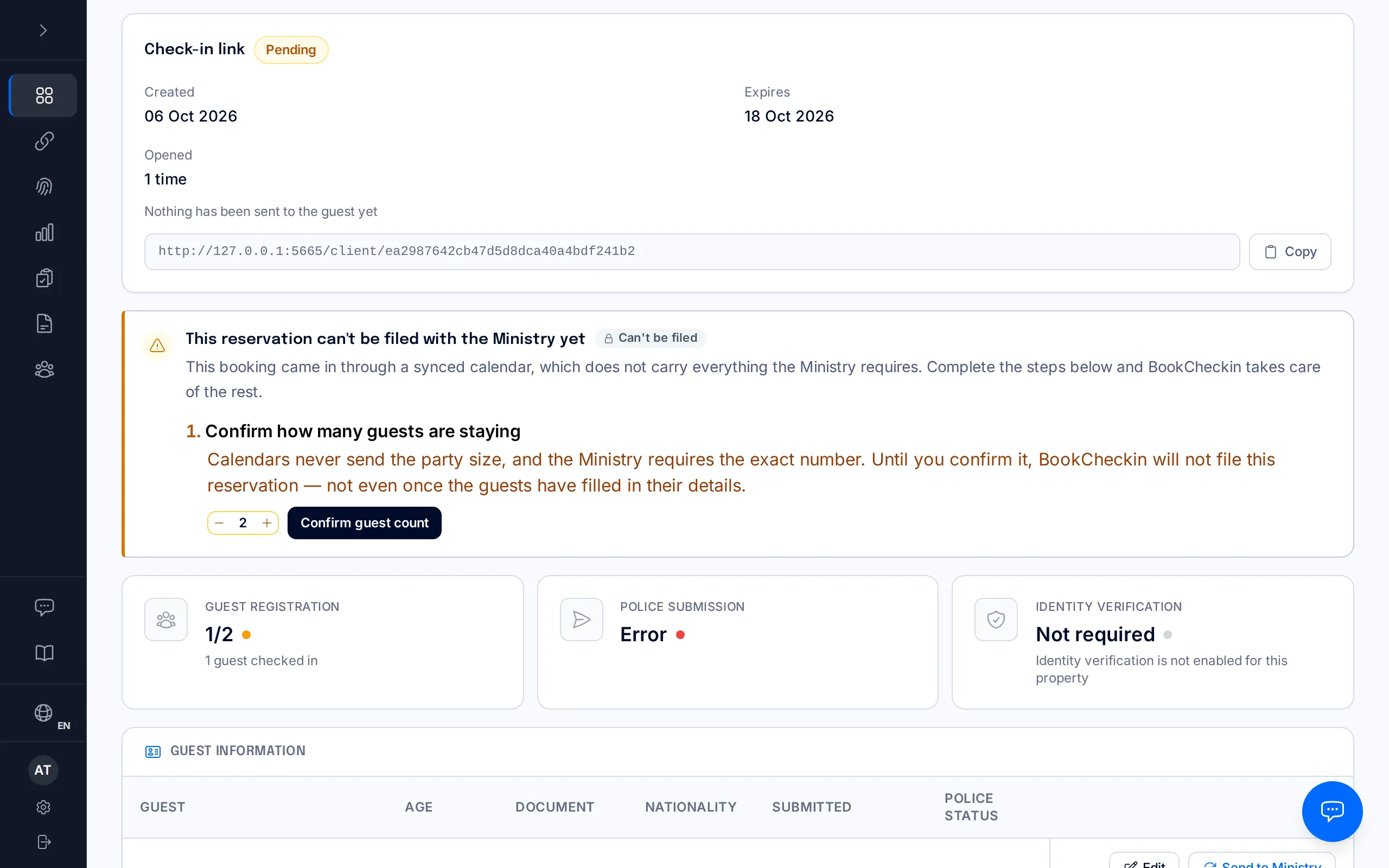 A calendar booking's page with the notice "This reservation can't be filed with the Ministry yet" and the Confirm guest count button.