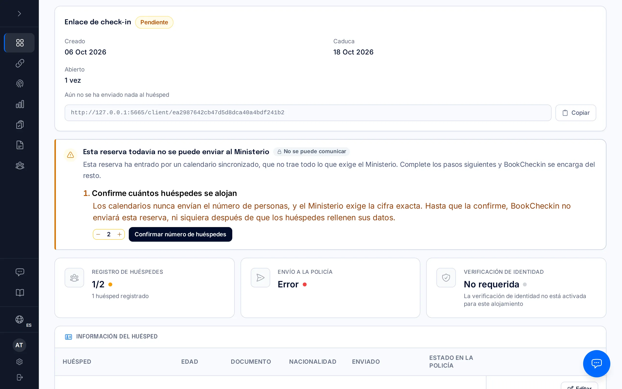 Ficha de una reserva de calendario con el aviso «Esta reserva todavía no se puede enviar al Ministerio» y el botón Confirmar número de huéspedes.
