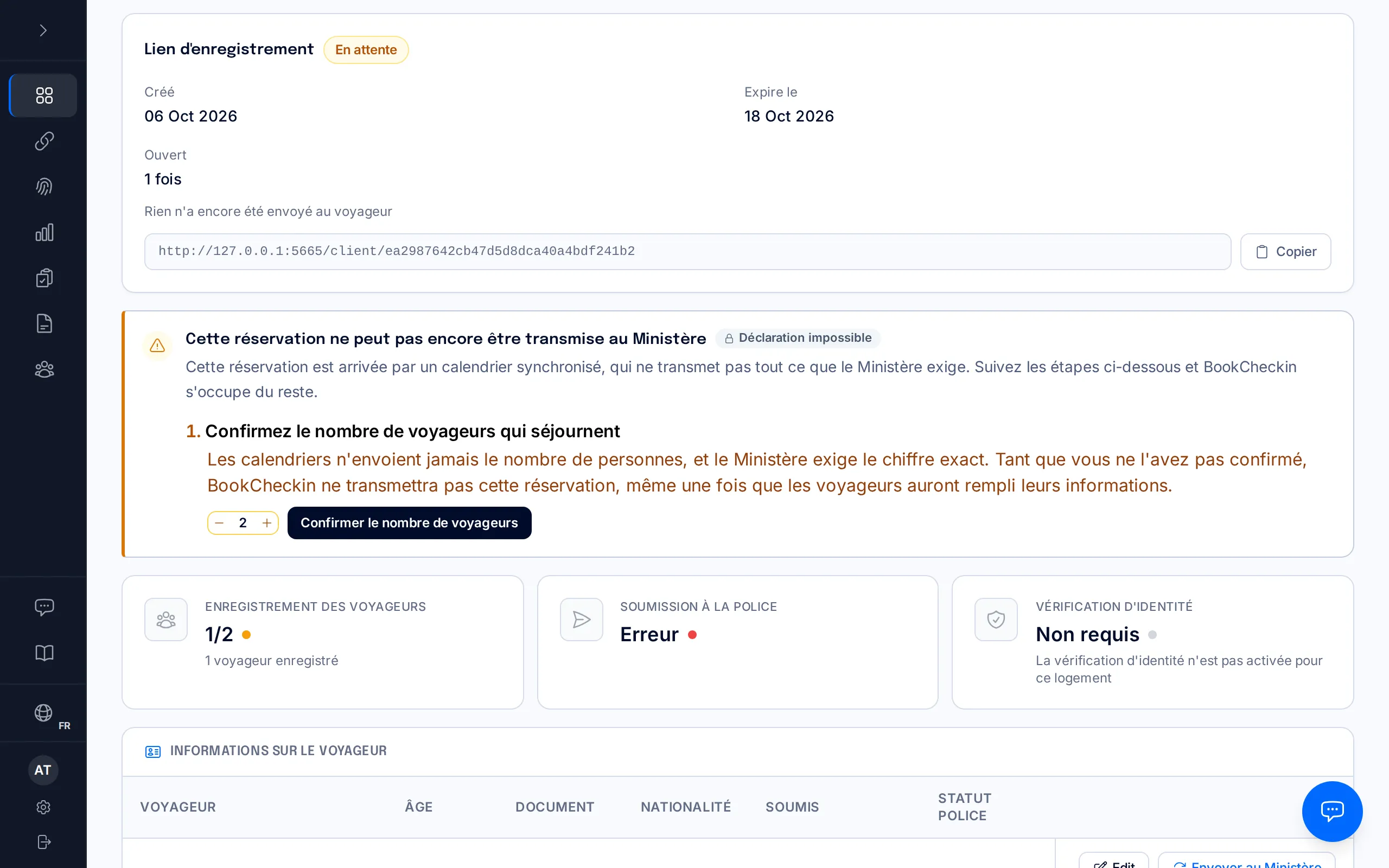 Page d'une réservation de calendrier avec l'avis « Cette réservation ne peut pas encore être transmise au Ministère » et le bouton Confirmer le nombre de voyageurs.