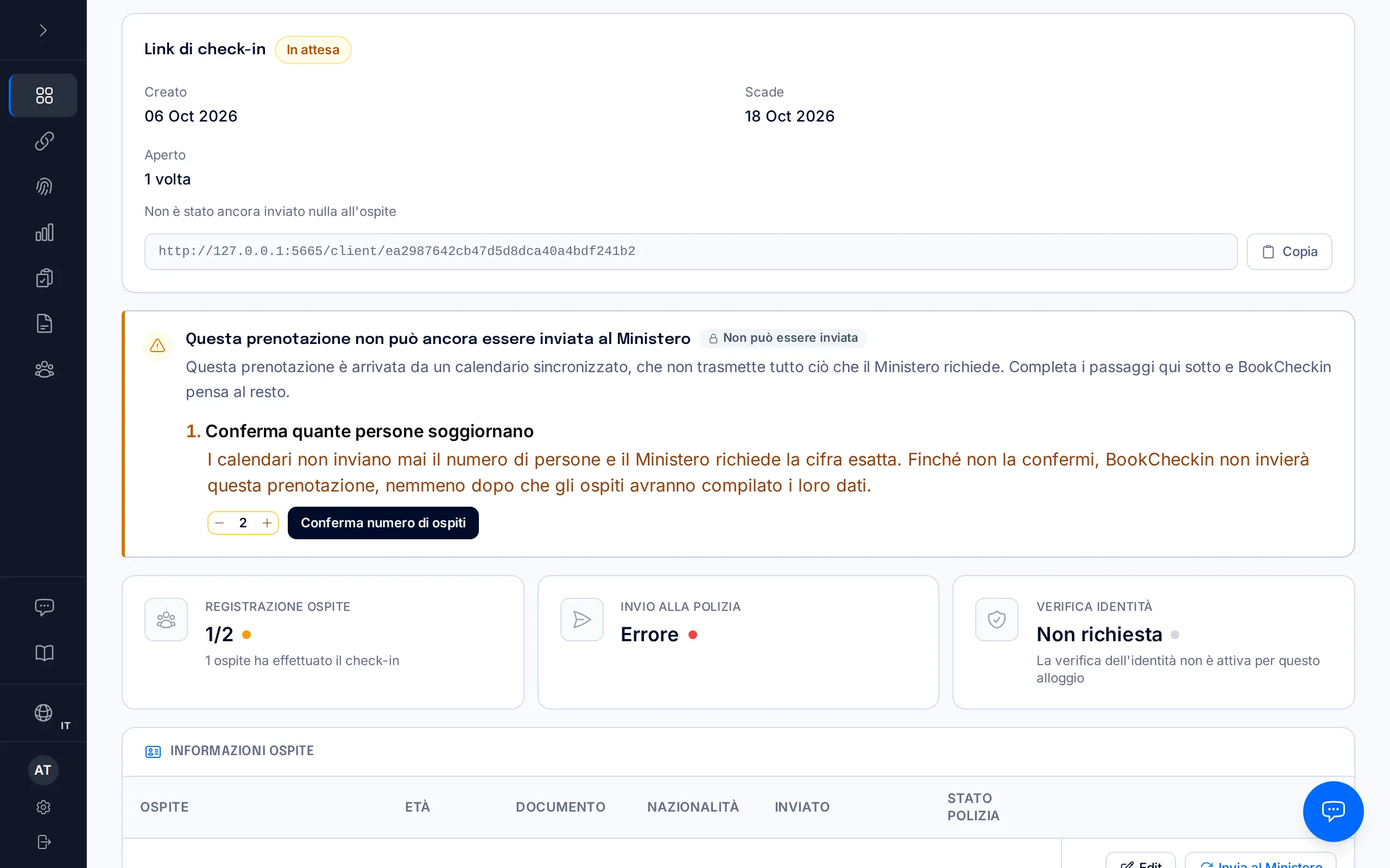 Pagina di una prenotazione da calendario con l'avviso «Questa prenotazione non può ancora essere inviata al Ministero» e il pulsante Conferma numero di ospiti.
