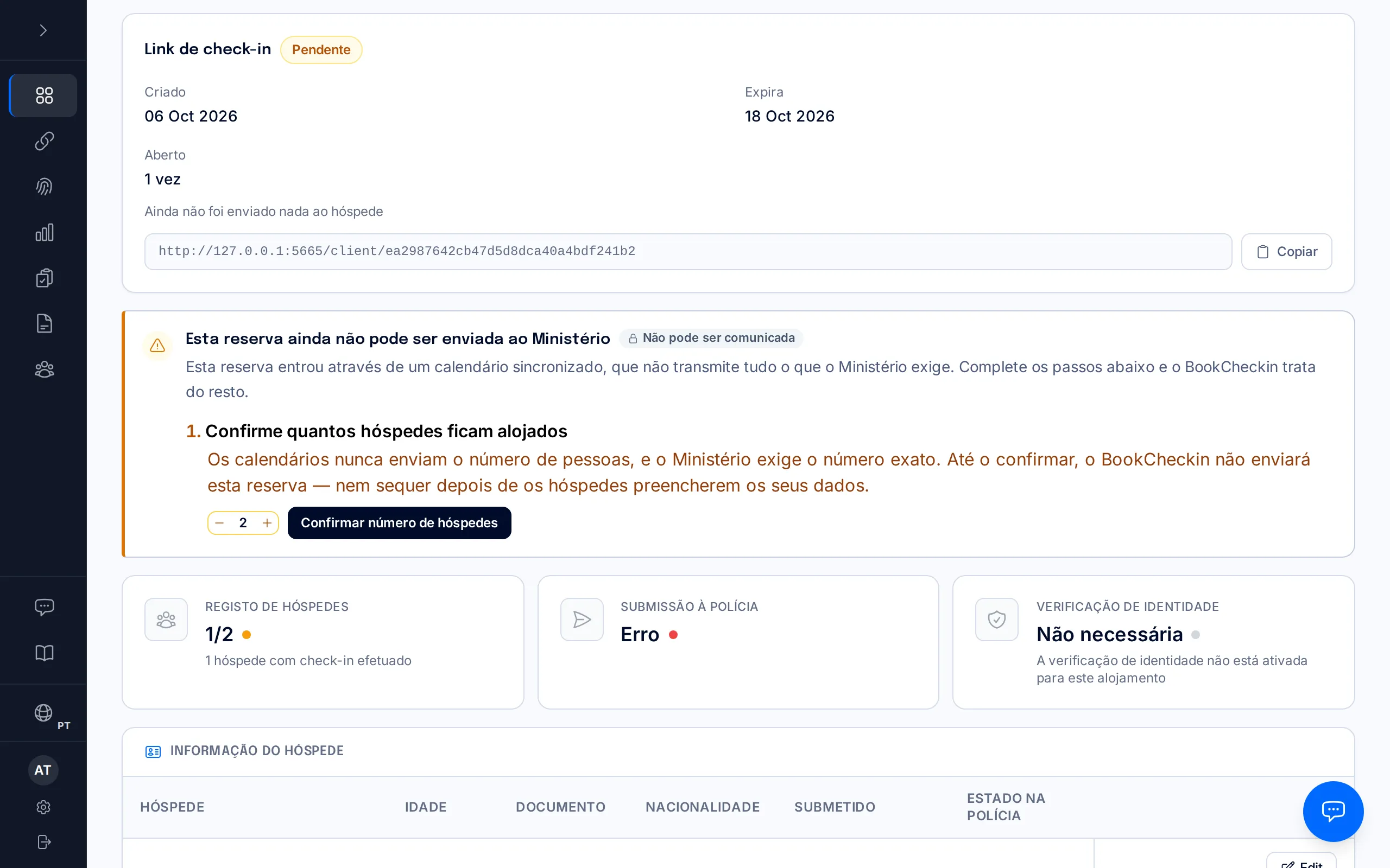 Página de uma reserva de calendário com o aviso «Esta reserva ainda não pode ser enviada ao Ministério» e o botão Confirmar número de hóspedes.