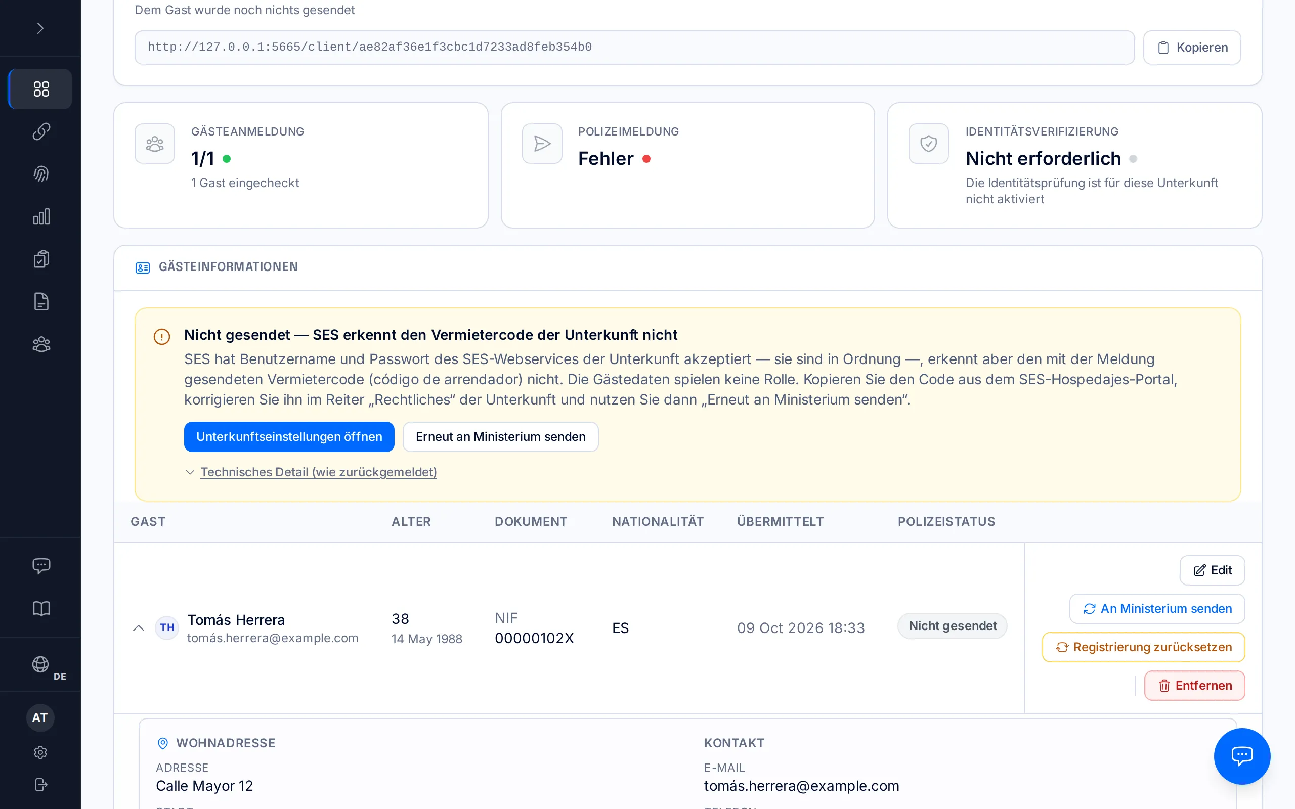 Seite einer Reservierung mit dem Hinweis „Nicht gesendet — SES erkennt den Vermietercode der Unterkunft nicht“.