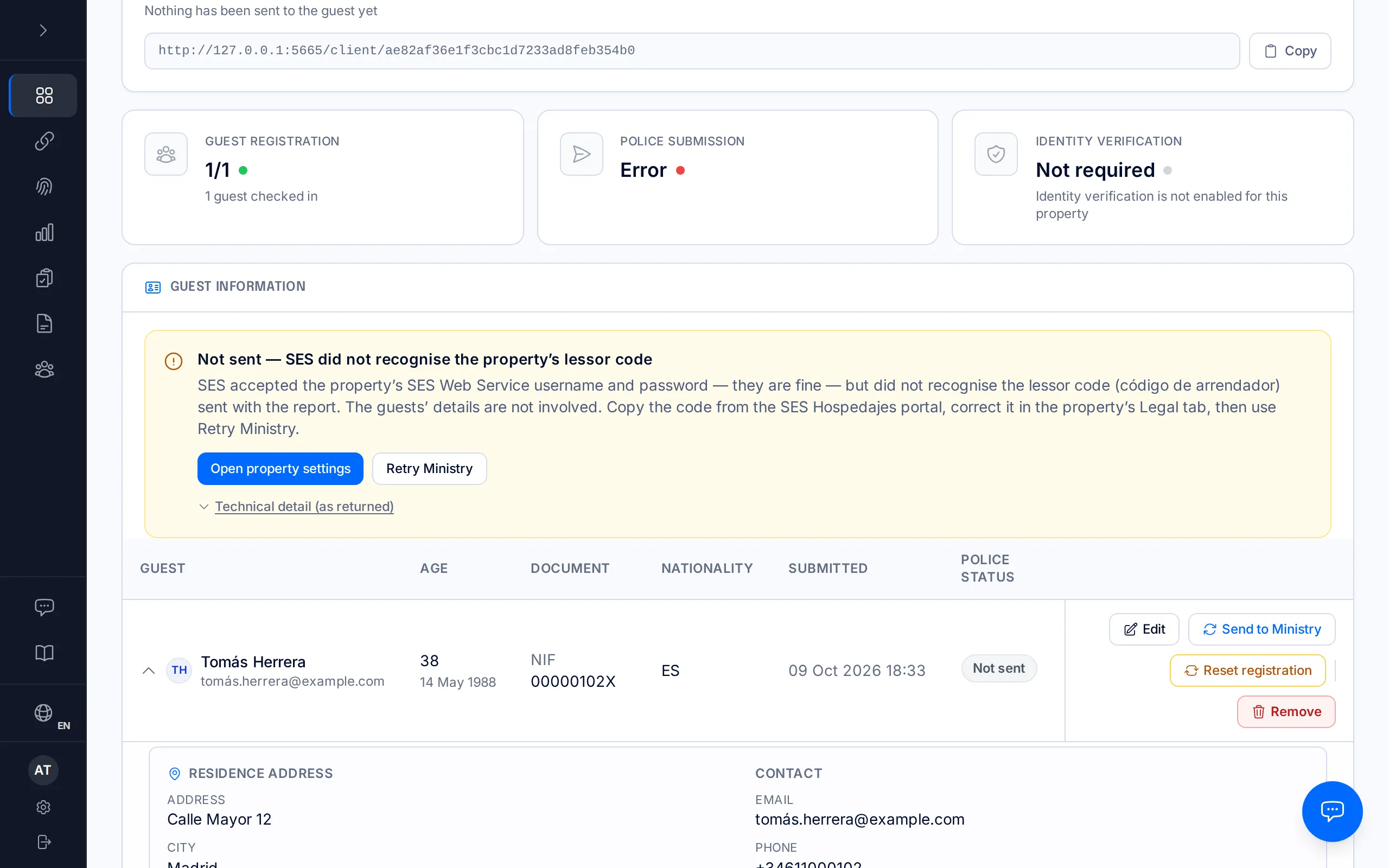 A booking's page with the notice "Not sent — SES did not recognise the property's lessor code".