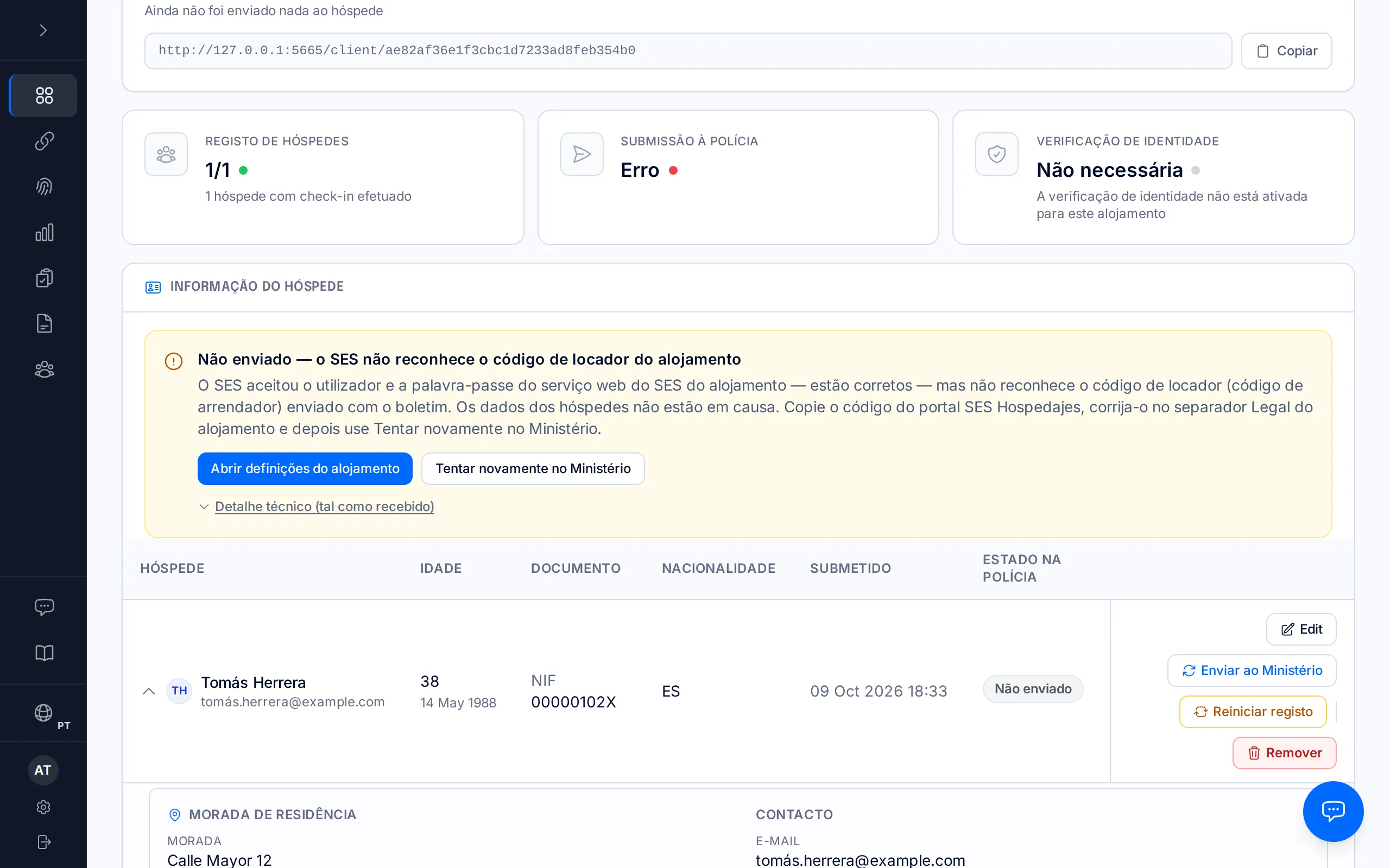 Página de uma reserva com o aviso «Não enviado — o SES não reconhece o código de locador do alojamento».