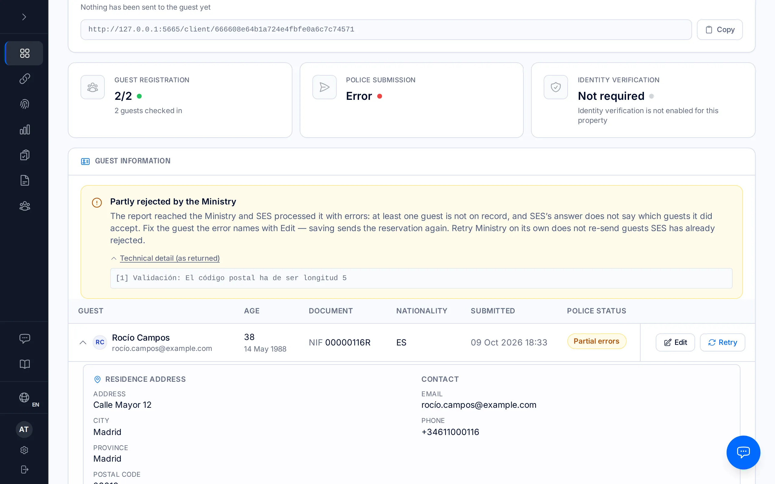 A booking's page with the notice "Partly rejected by the Ministry" and the reason exactly as the Ministry returned it.