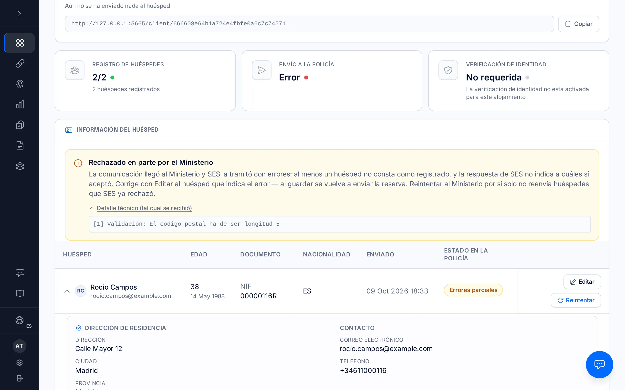 Ficha de una reserva con el aviso «Rechazado en parte por el Ministerio» y el motivo tal cual lo devolvió el Ministerio.