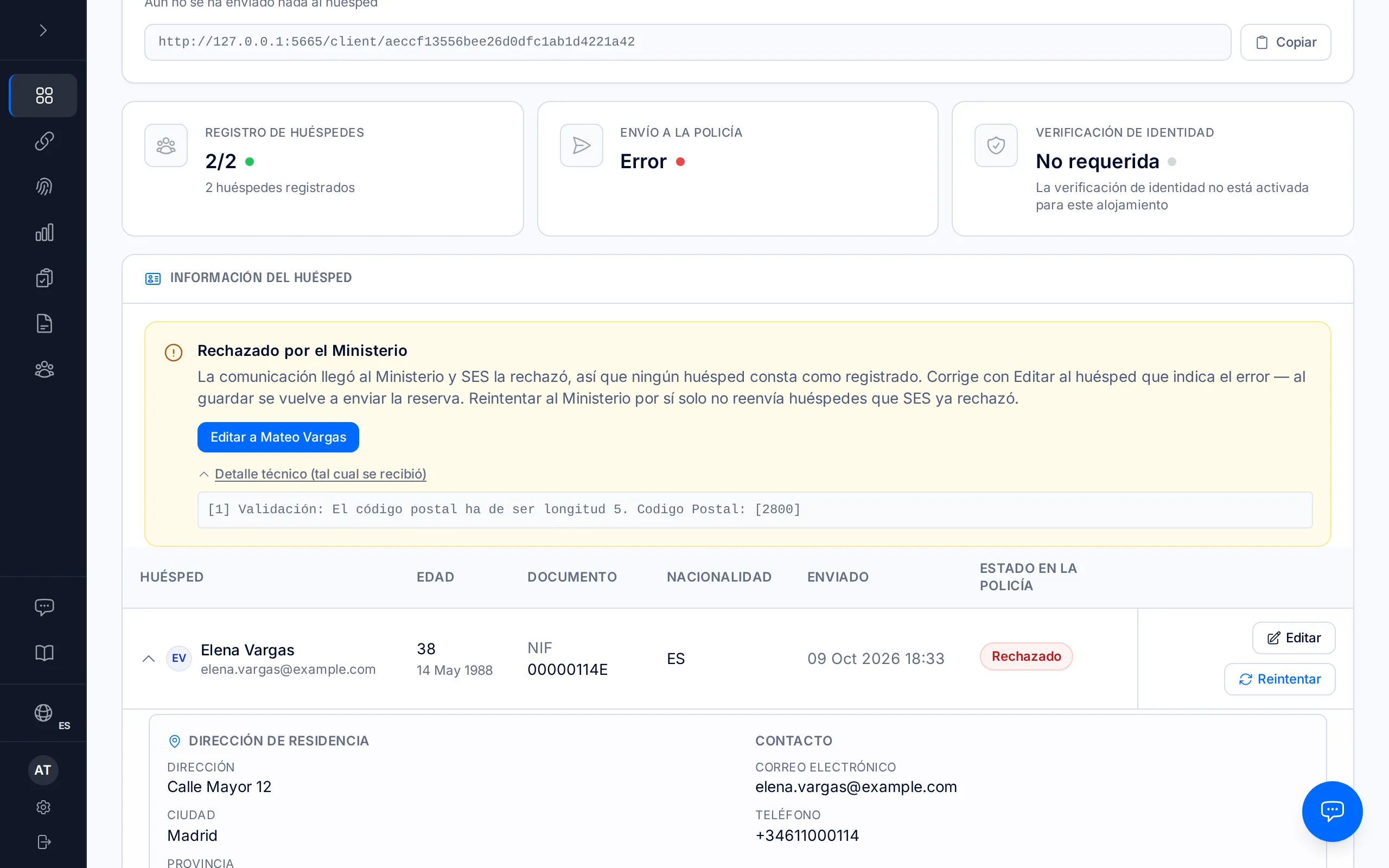 Ficha de una reserva con el aviso «Rechazado por el Ministerio» y el botón Editar al huésped que indica el error.