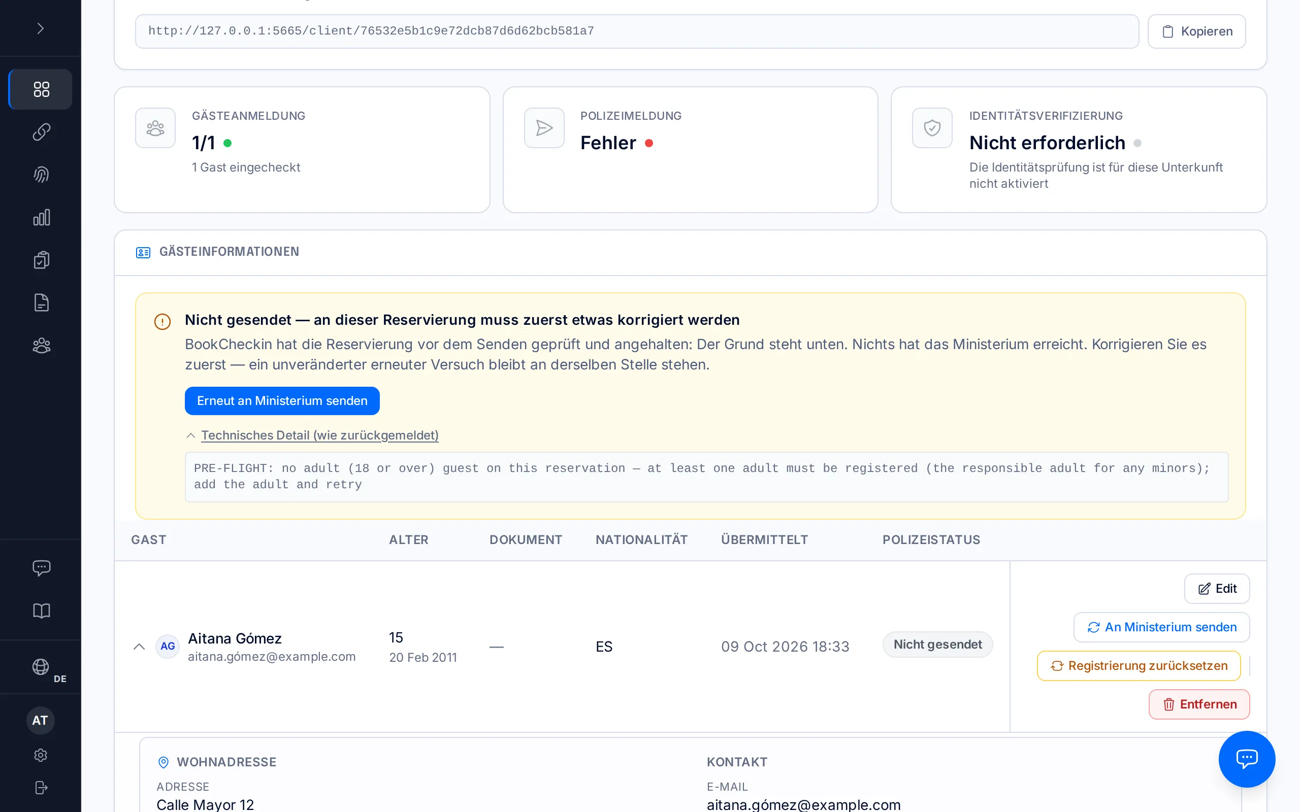 Seite einer Reservierung mit dem Hinweis „Nicht gesendet — an dieser Reservierung muss zuerst etwas korrigiert werden“ und geöffnetem technischem Detail.