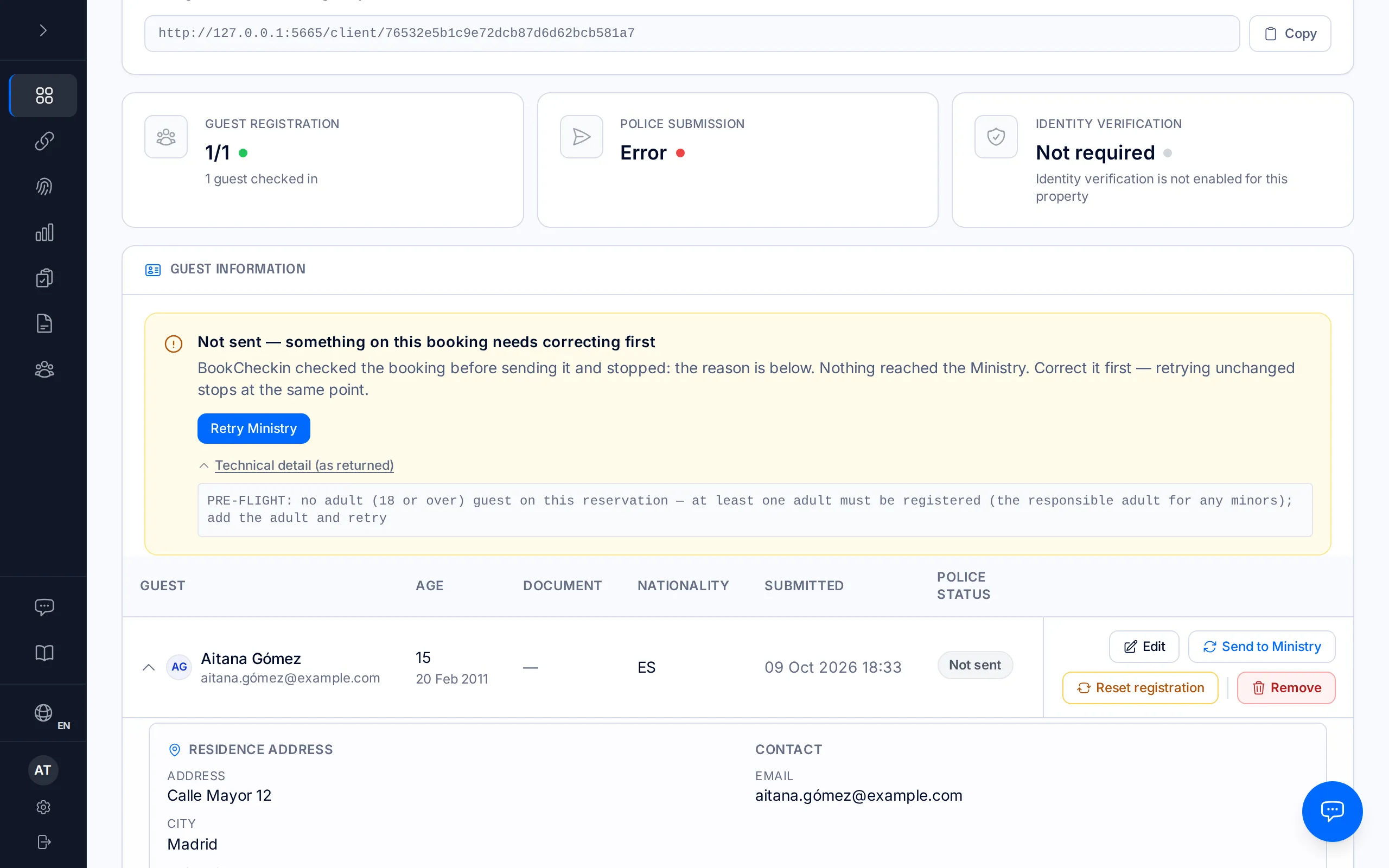 A booking's page with the notice "Not sent — something on this booking needs correcting first" and the technical detail open.