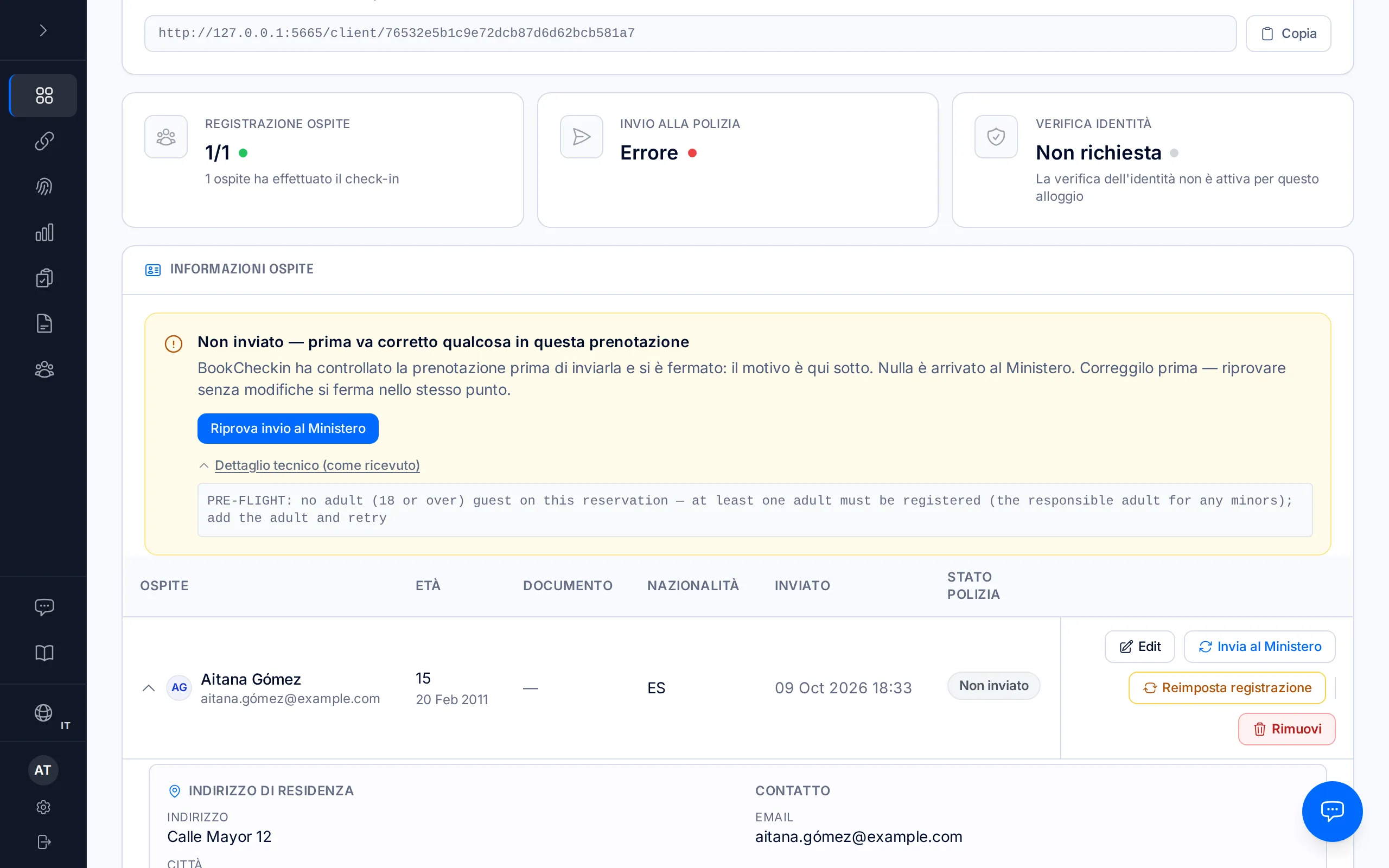 Pagina di una prenotazione con l'avviso «Non inviato — prima va corretto qualcosa in questa prenotazione» e il dettaglio tecnico aperto.