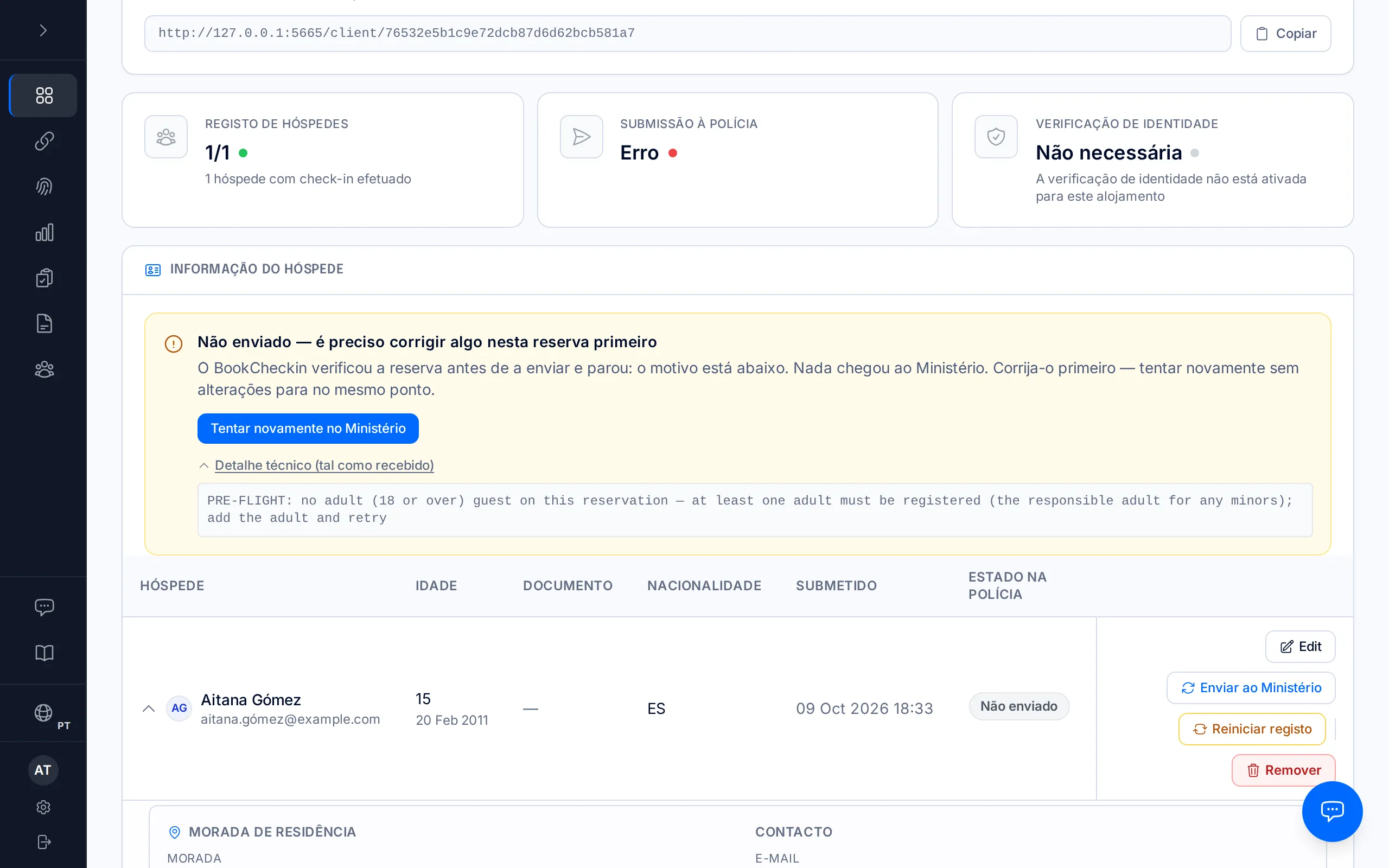 Página de uma reserva com o aviso «Não enviado — é preciso corrigir algo nesta reserva primeiro» e o detalhe técnico aberto.