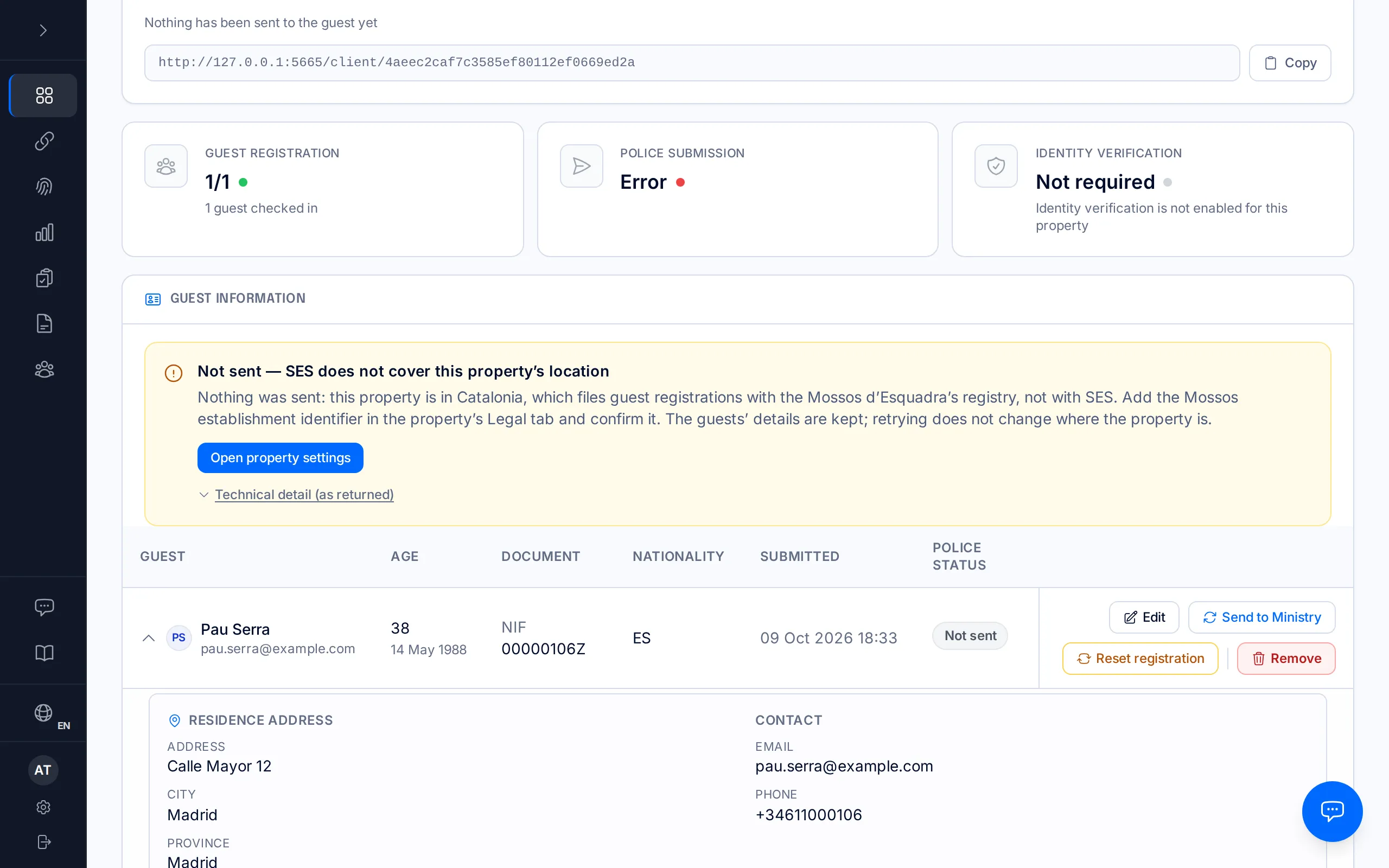 A booking's page with the notice "Not sent — SES does not cover this property's location", in its Catalonia variant.