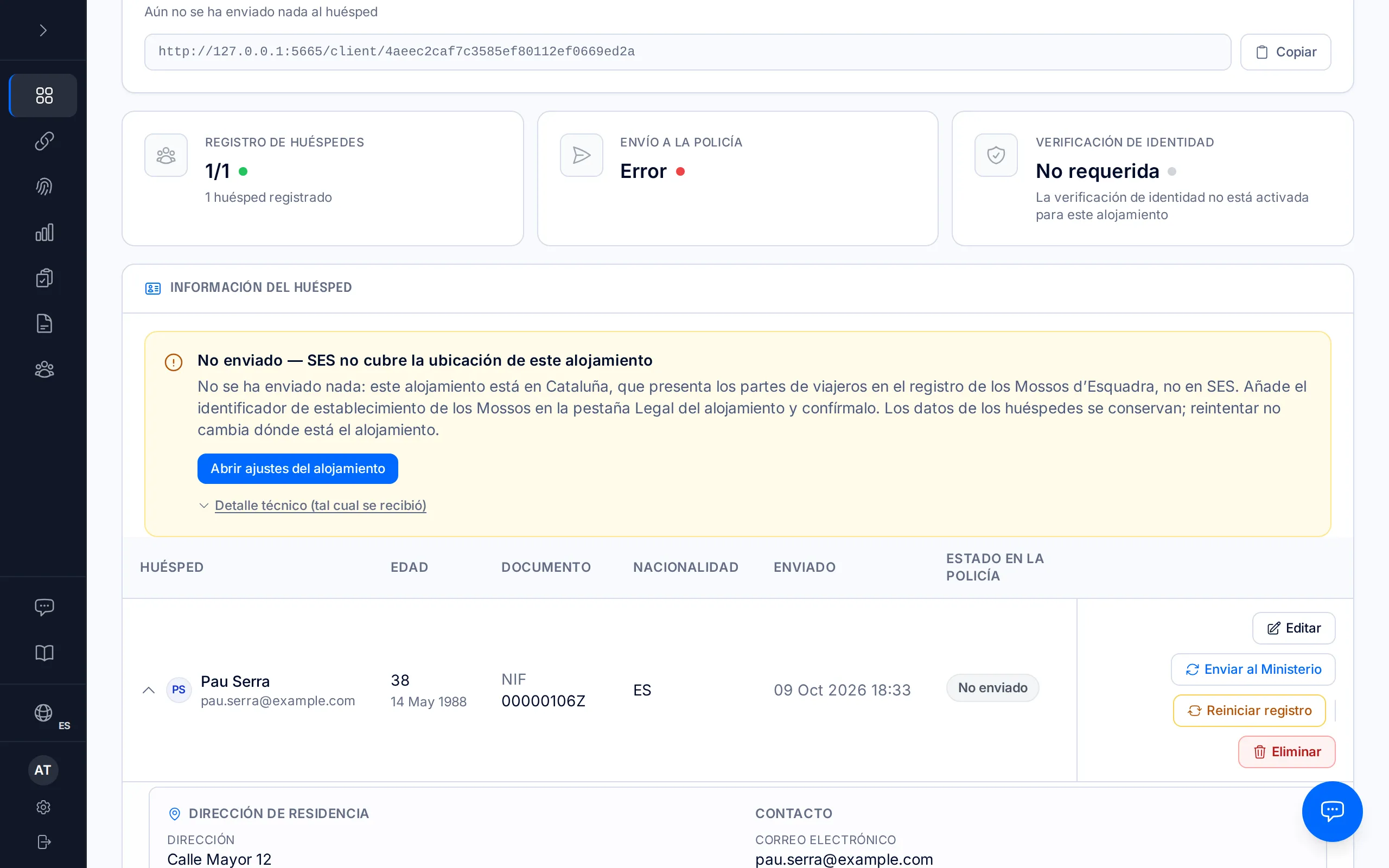Ficha de una reserva con el aviso «No enviado — SES no cubre la ubicación de este alojamiento», en su variante para Cataluña.