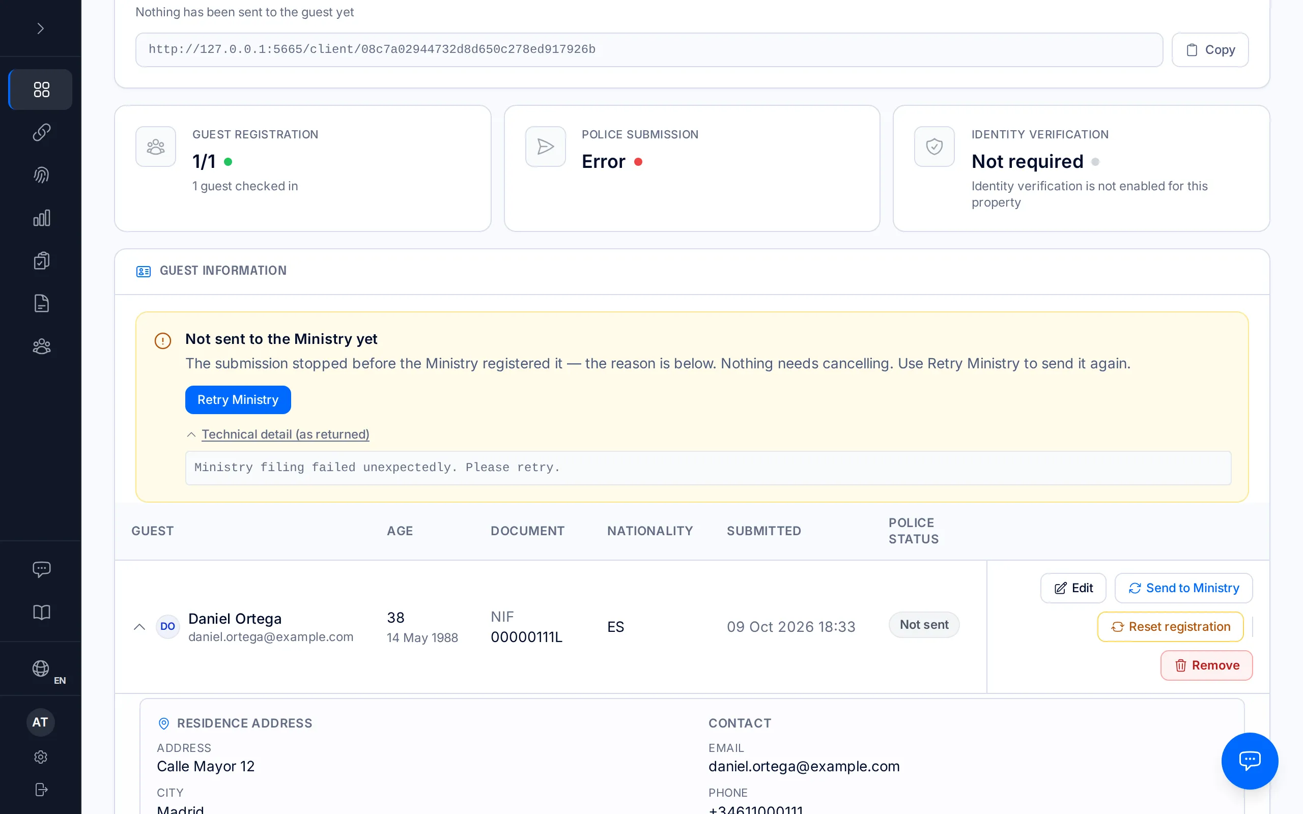 A booking's page with the notice "Not sent to the Ministry yet" and the Retry Ministry button.