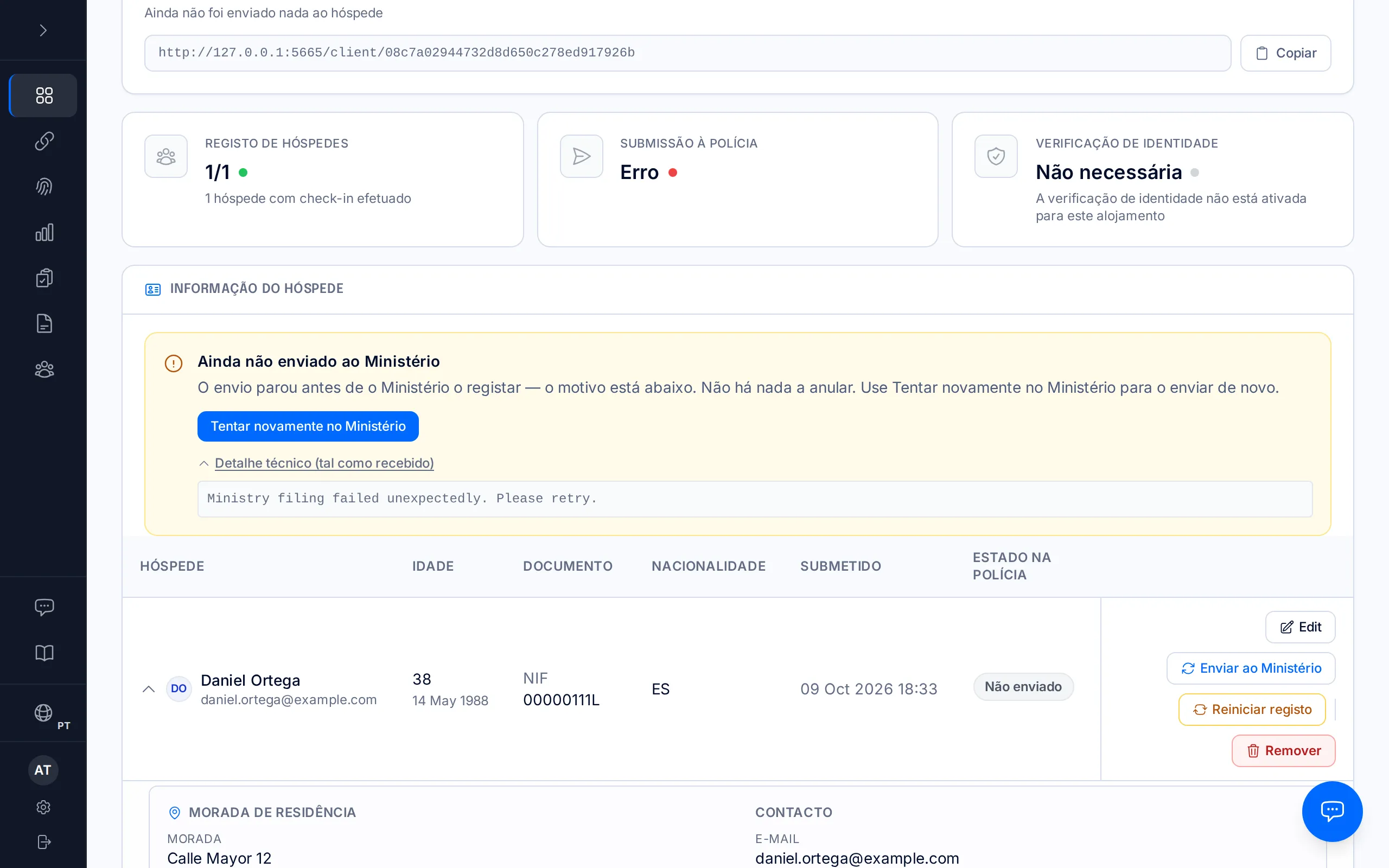 Página de uma reserva com o aviso «Ainda não enviado ao Ministério» e o botão Tentar novamente no Ministério.