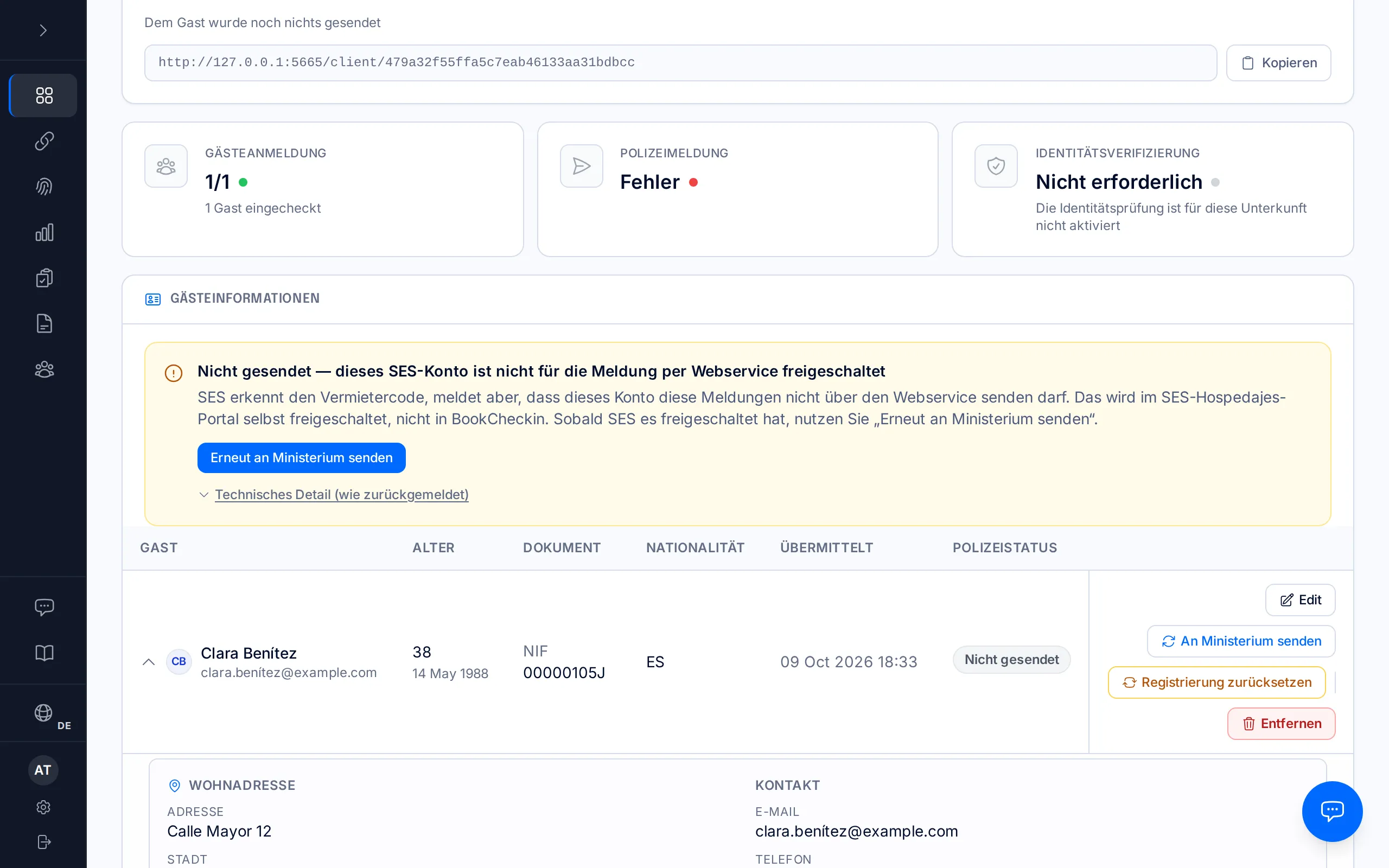 Seite einer Reservierung mit dem Hinweis „Nicht gesendet — dieses SES-Konto ist nicht für die Meldung per Webservice freigeschaltet“.