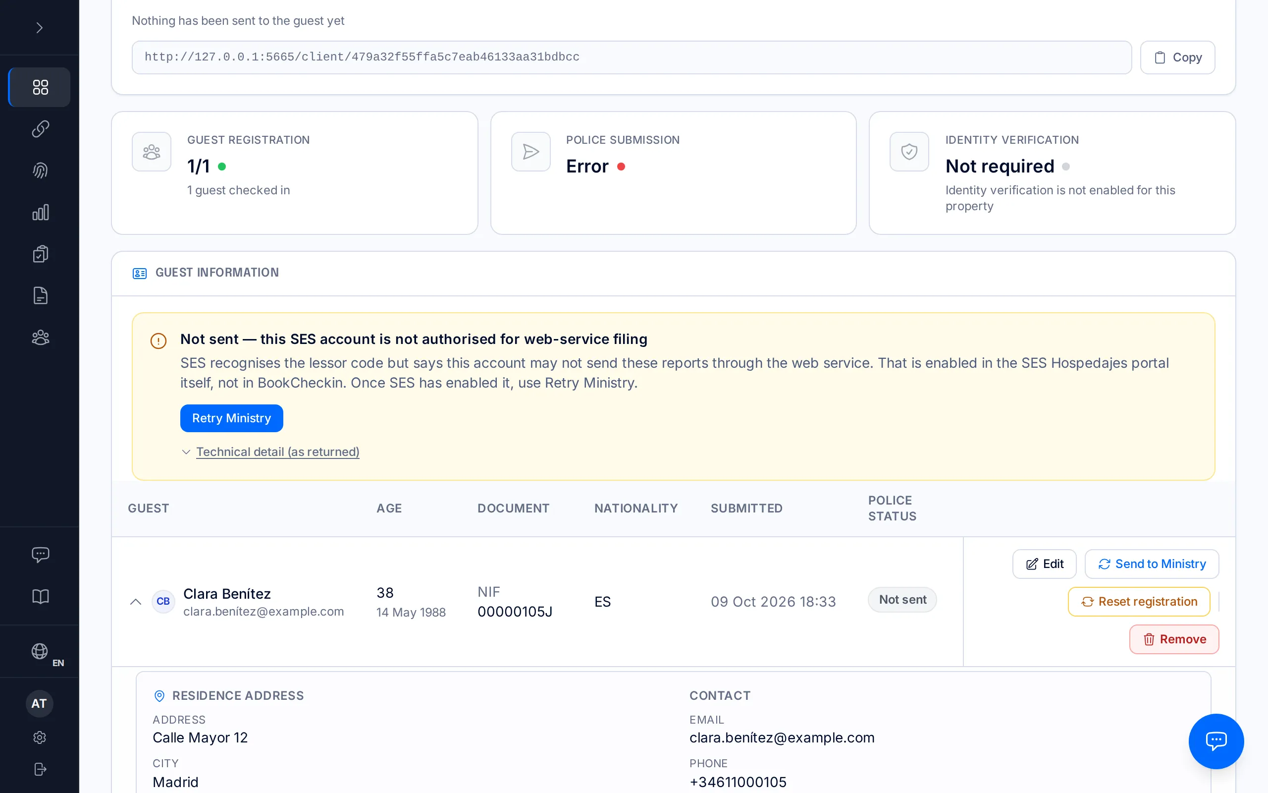 A booking's page with the notice "Not sent — this SES account is not authorised for web-service filing".